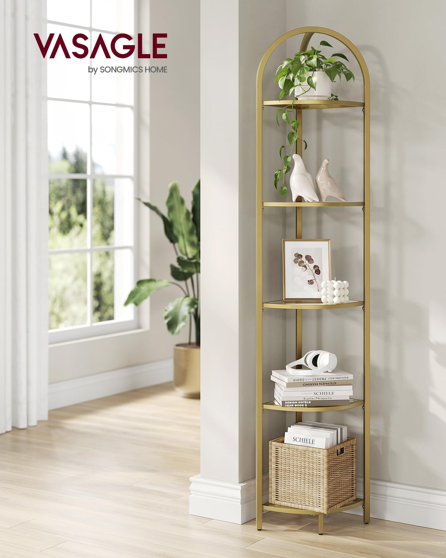 VASAGLE 5-Tier Corner Shelf Stand, Corner Bookshelf, Bathroom Organizer, Plant Stand, Tempered Glass, Metallic Gold ULGT810A01