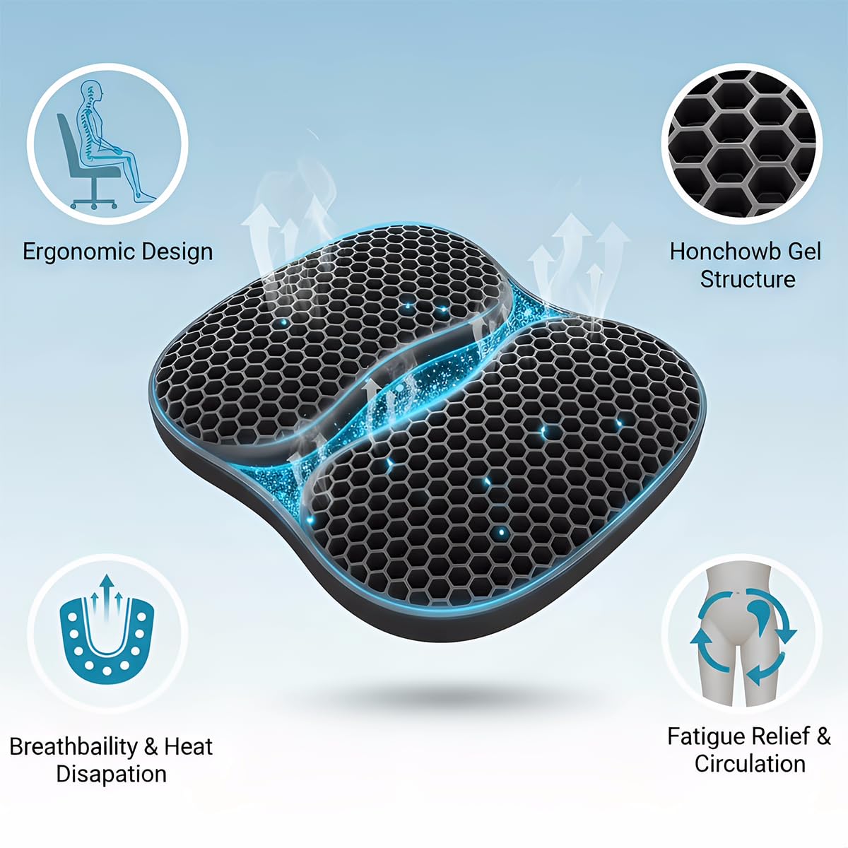 Foldable Honeycomb Seat Cushion with Zipper & Handle, Portable Gel Seat Cushion with Ventilative Cover & Anti-Skid Bottom, Portabl Cushion for Travel 15.8x13.3x1.4 Inches (Black)