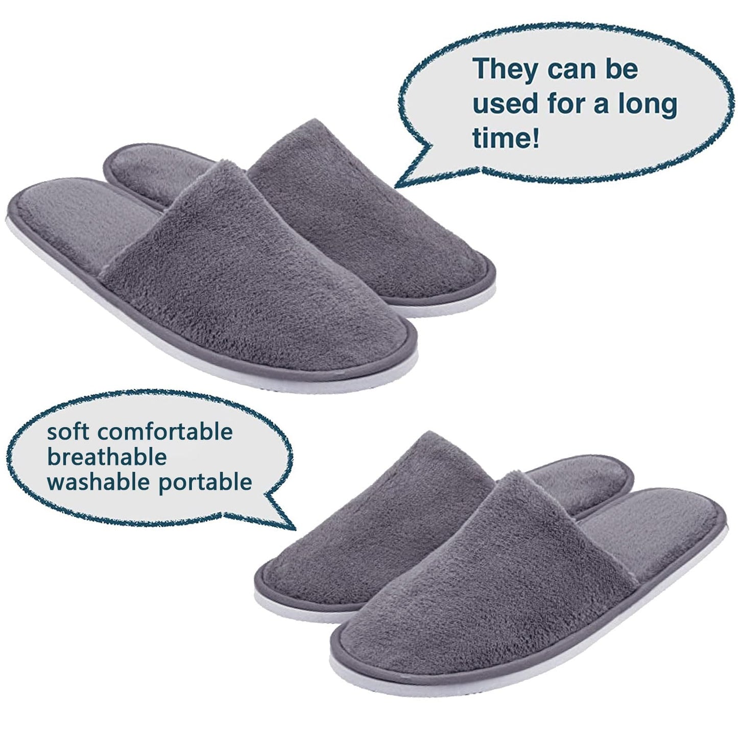 12 Pairs Disposable Slippers, Washable Home House Slipers Non Slip Spa Slippers Grey Reusable Indoor Slippers for Women Men Guest Hotel Home Travel
