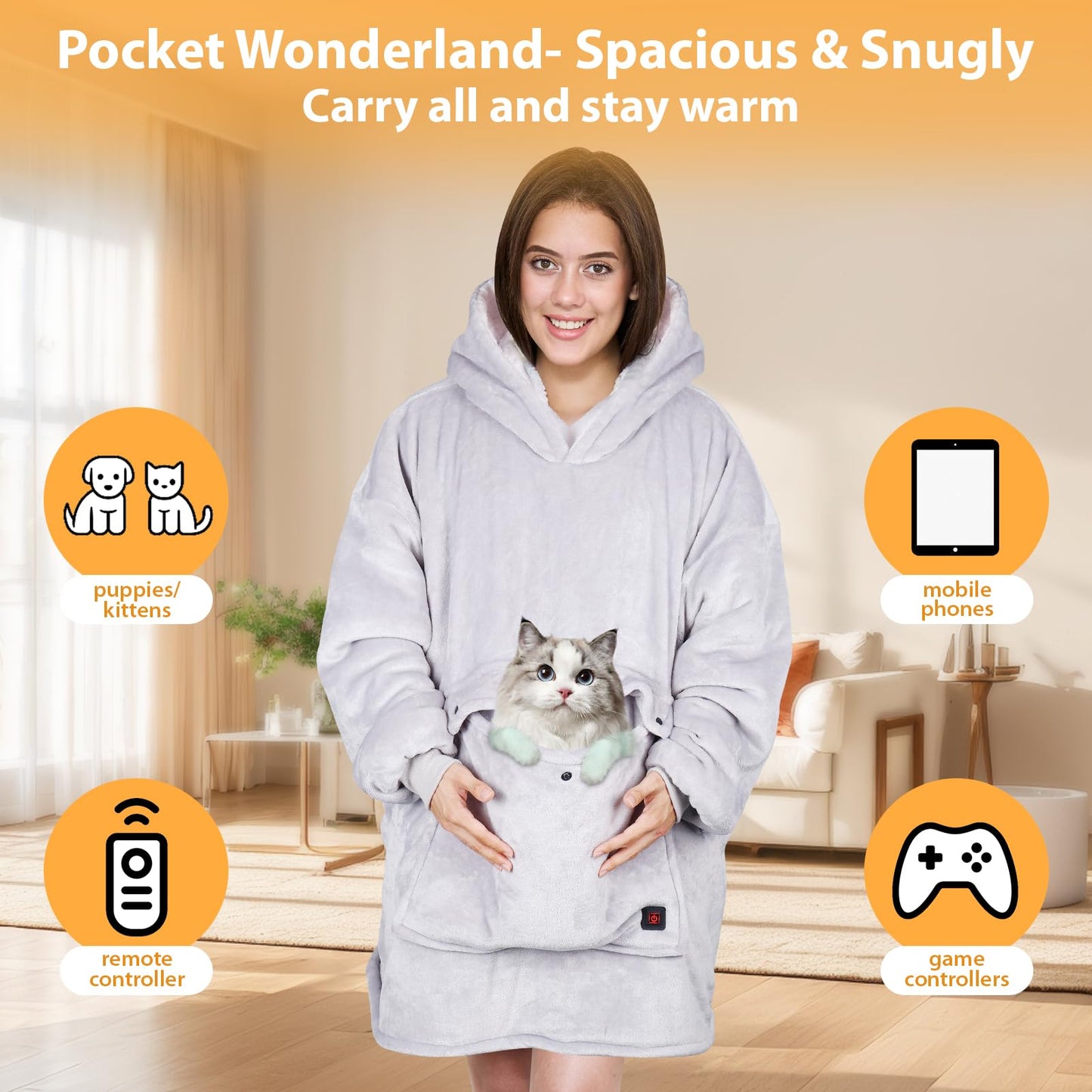 FirstE Wearable Heated Blanket Hoodie, Portable USB Heated Hoodie Blanket, Comfy Electric Wearable Hooded Sweatshirt for Women Adults Outdoor Indoor Warm,Large Pocket,3 Heating Levels,3h Auto Shut-off