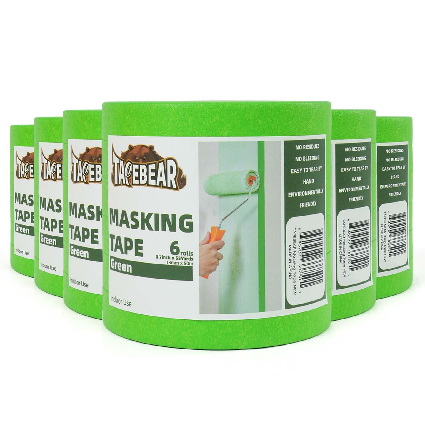 TAPEBEAR 36Rolls Green Masking Tape General Purpose 18mm x 50m, Indoor Painting Tape Residue Free Easy Removal with Sharp Lines, Paper Tape for Labeling, DIY Arts Crafts, Home Office School Projects