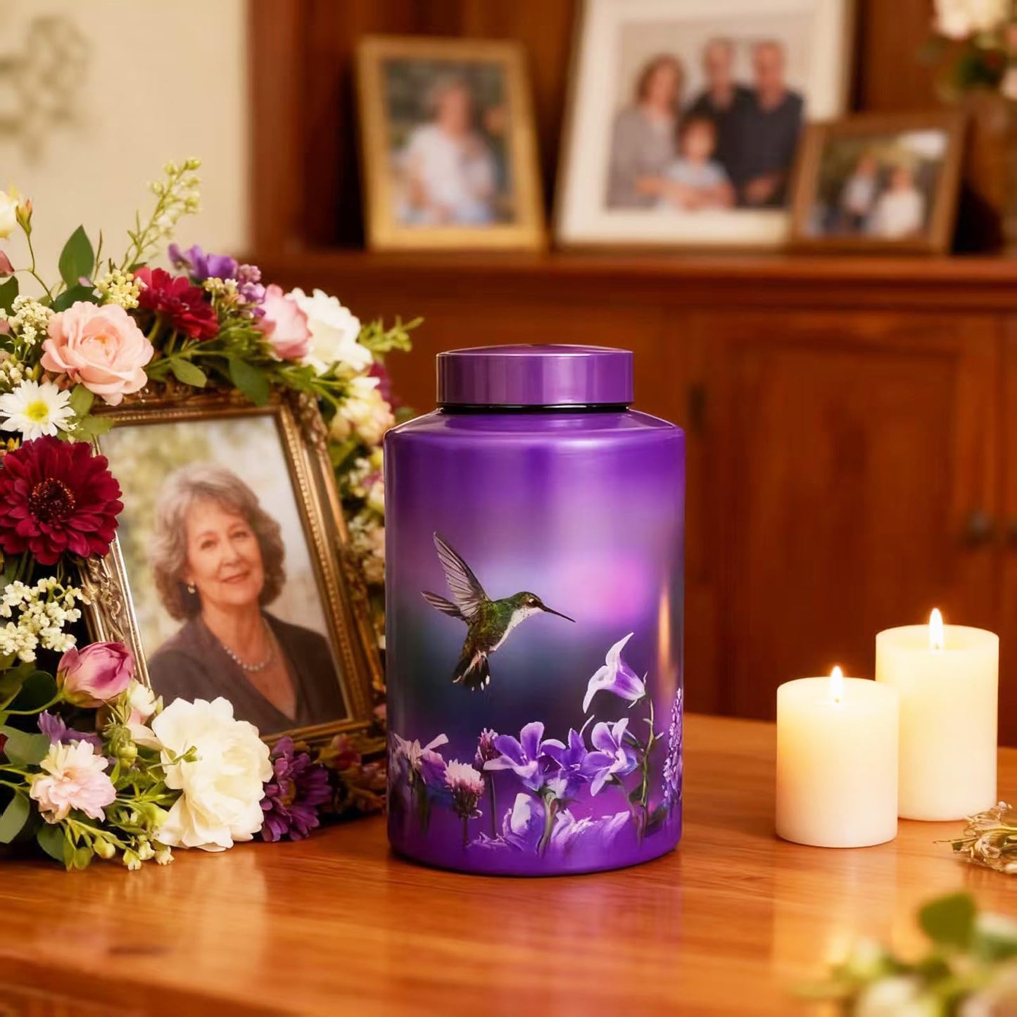 Large Cremation Urns for Adult Male Female Ashes, Up to 220 lbs Decorative Funeral Purple Keepsake Memorial Urn for Human Women Man Dad Mom Ashes with Velvet Bag(Hummingbird)