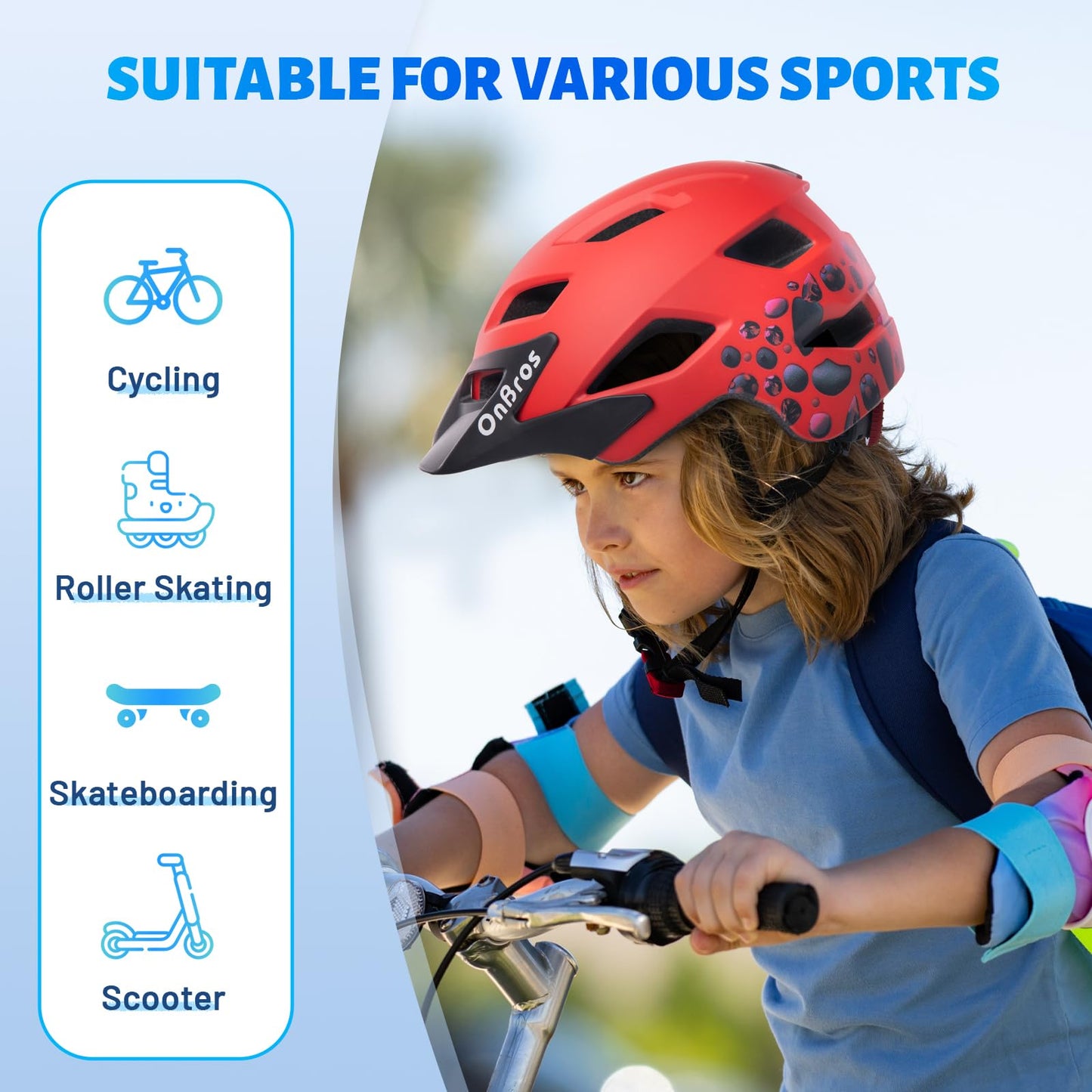 OnBros Kids Bike Helmet - Bike Helmet Boys for 5-14 or Girls Helmet with Visor Adjustable 50-57CM Children Bicycle Helmet Lightweight for Scooter MTB Road Cycling