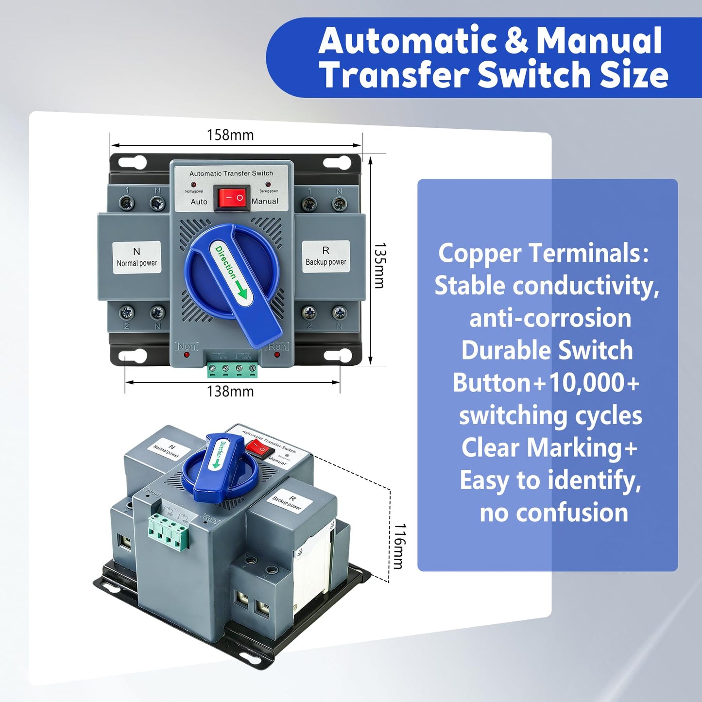 110V 63A Automatic Transfer Switch (ATS) for Home Generators - Dual Power Source Changeover with Auto/Manual Mode，Instant Changeover for Home/Commercial/RV/Backup Generator