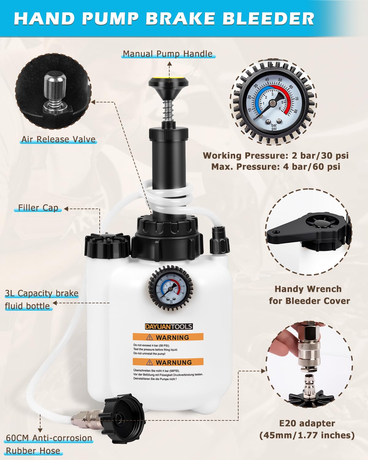 DAYUAN 3L Hand Manual Brake Fluid Bleeder Set,One Man Brake Bleeding Pump Kit Compatible with Most European Models