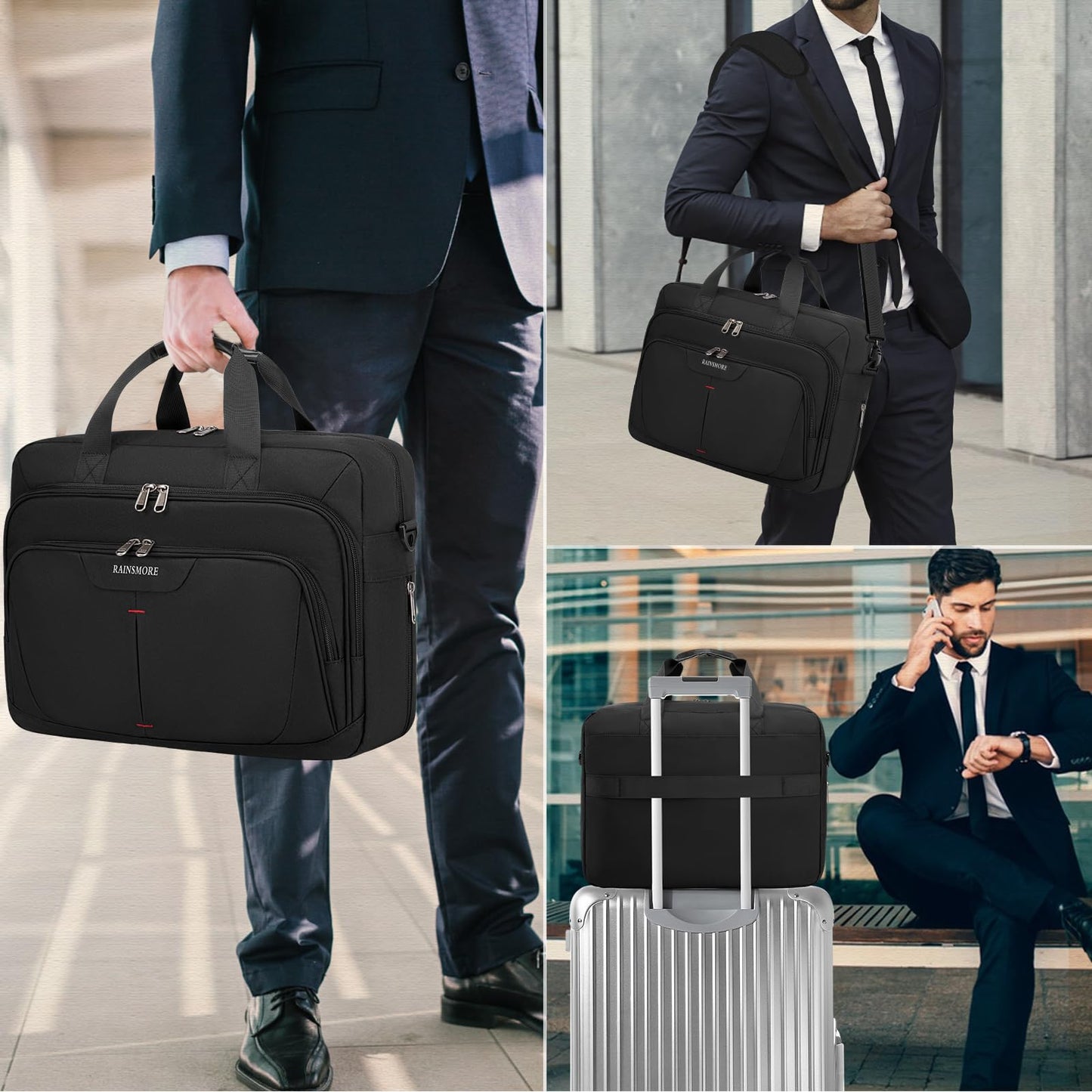 RAINSMORE 17.3 Inch Laptop Bag Expandable Briefcase for Men Large Water-Resistant Computer Messenger Bag Laptop Carrying Case for Work, Office, Travel, Black
