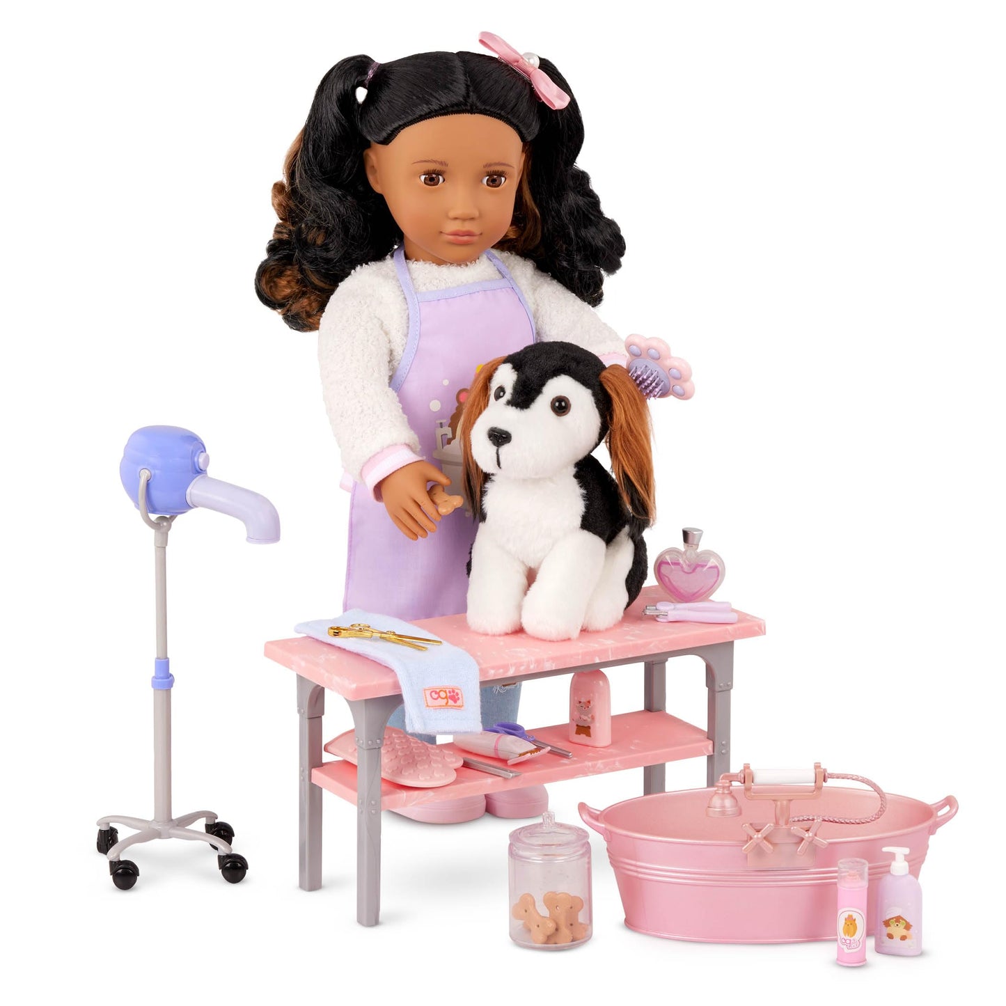 Our Generation – 18-inch Doll Accessories – Bathtub & Pet Care Toys – Salon Table, Apron & Hair Dryer – Pretend Play – Kids Ages 3 Years & Older – Scrub & Style Pet Grooming Set