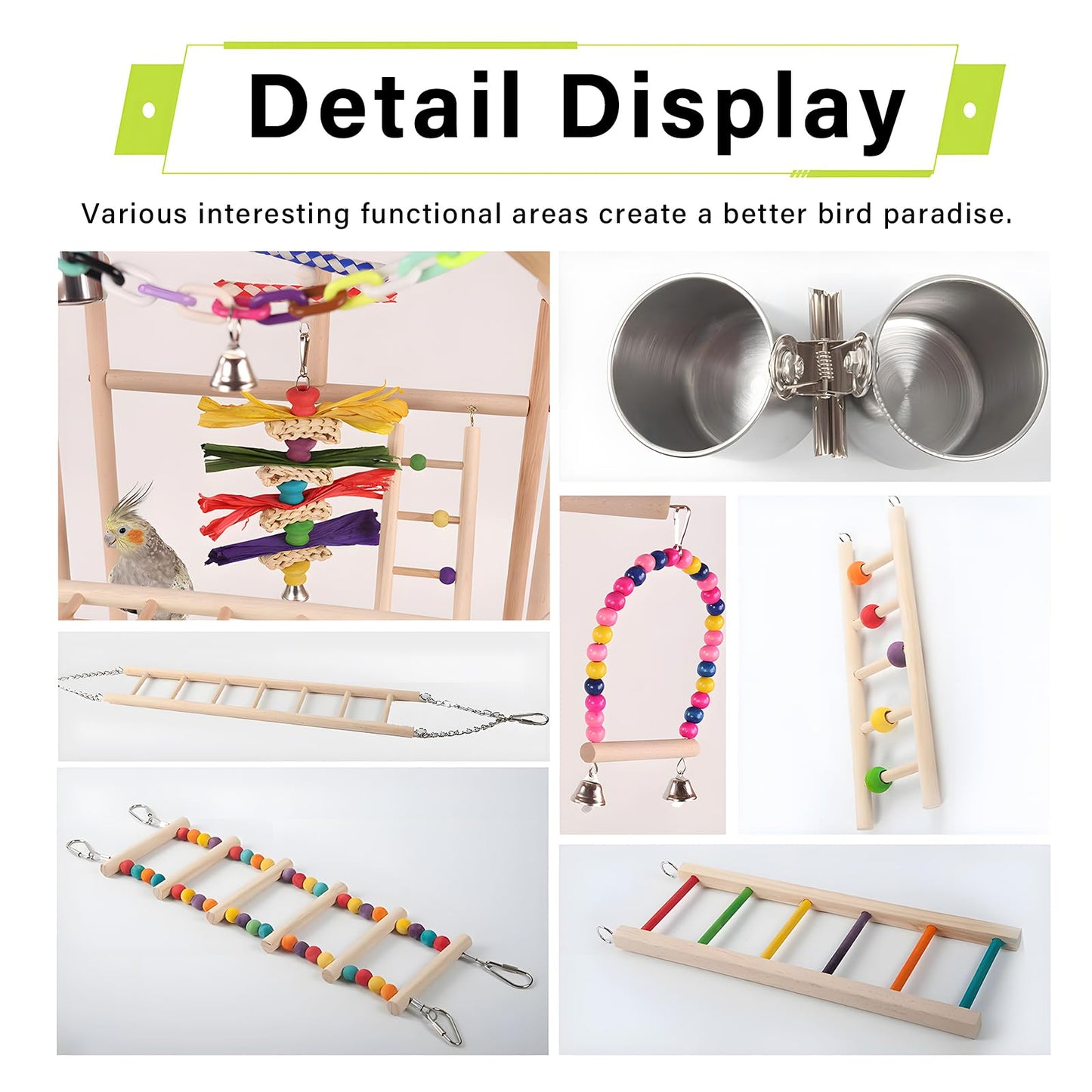 ASDJAKZP Bird Playground, Bird Stand, Pet Bird Parrot Playground, 4 Layers Pet Parrot Playstand with Exercise Toys Swings Feeder Cups, Bird Play Stand Wood Perch Gym Playpen Ladder for Cockatiel Parakeet