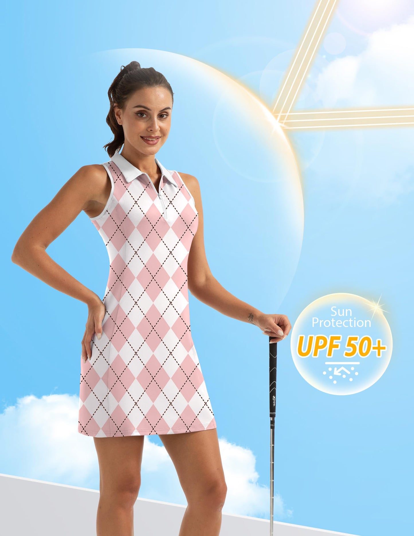 FKEEP Women's Golf Tennis Dress Sport Activewear Zipper V-Neck with Shorts and Pocket Workout Athletic, 18 Pink Checkered, X-Large