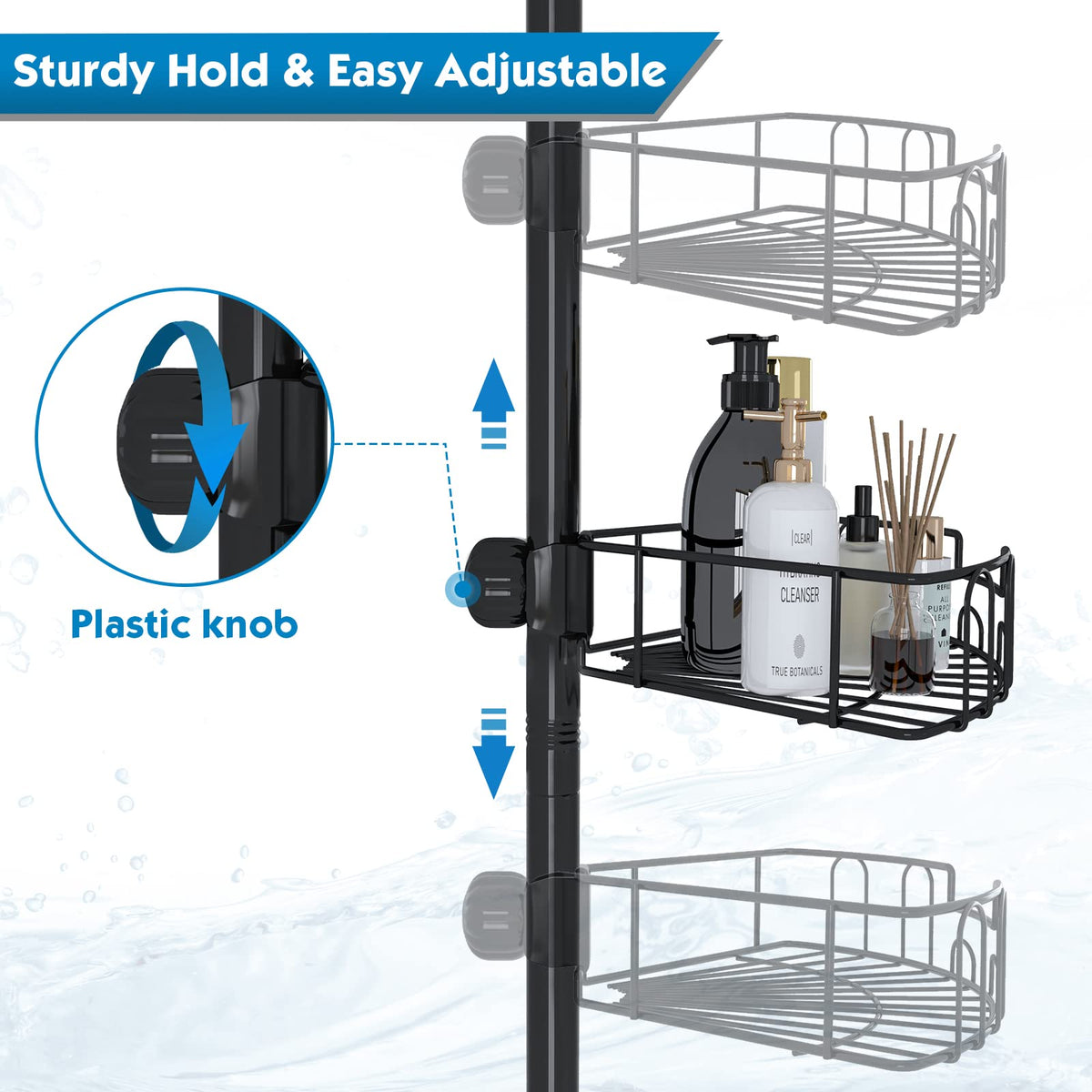 Tension Shower Caddy, Rustproof Corner Shower Caddy Stand Storage Organizer with Tension Pole for Bathroom Bathtub Shampoo Soap Plants, 4 Tier Adjustable Shelves, 54 to 125 Inch