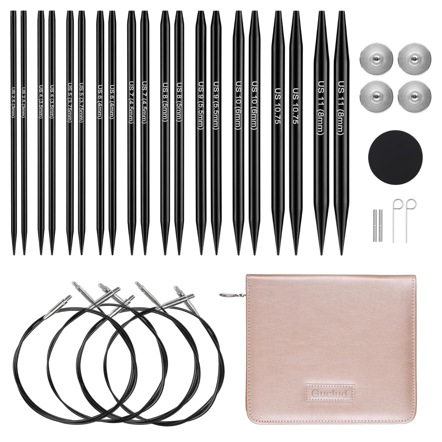Guclud 4.5-inch Interchangeable Circular Knitting Needles Set | US 2.5-11 (3.0-8.0mm) | Includes 10 Pairs of Metal Circular Needles | 4 Cables (16", 24", 32", and 40"), Accessories & Case (Black)