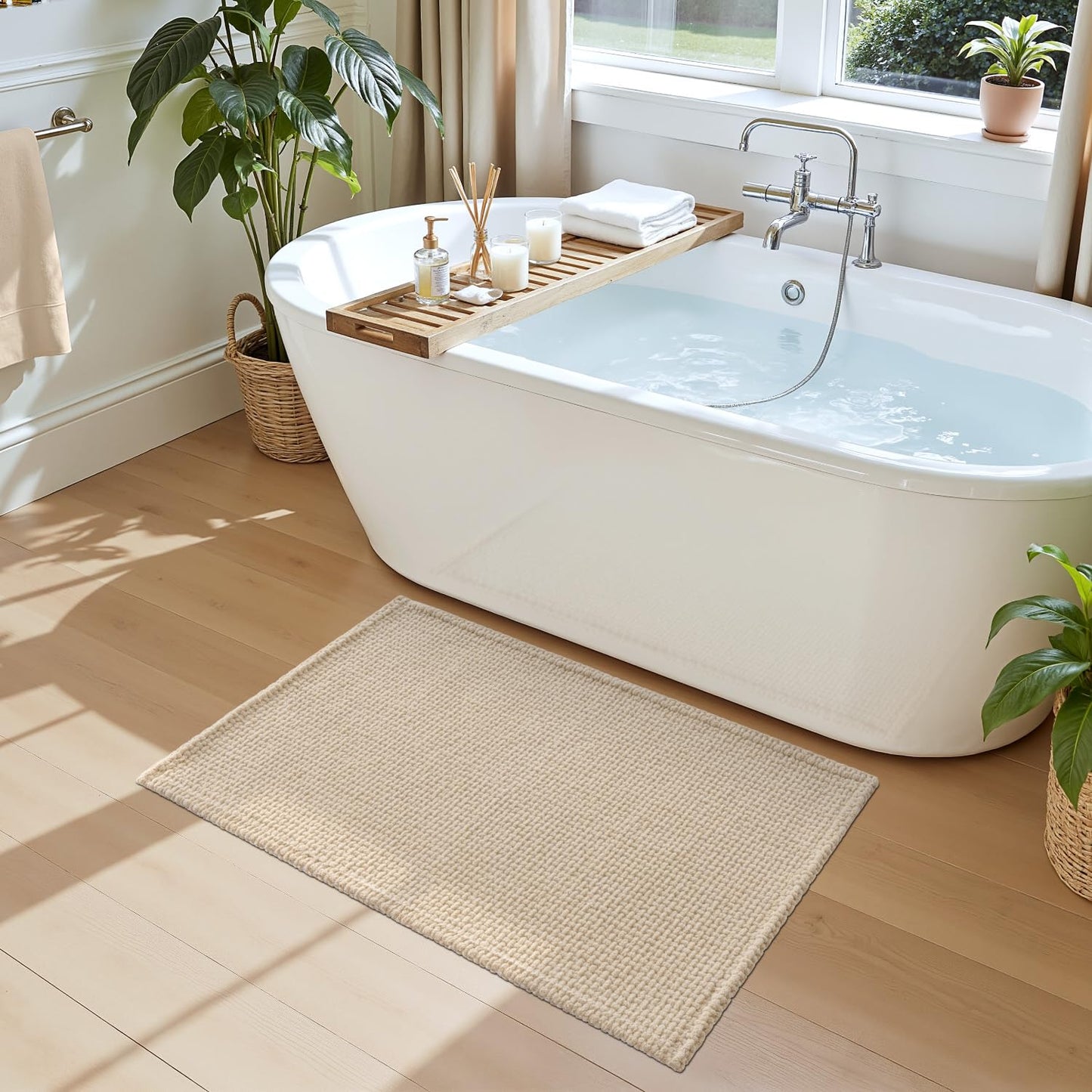 DEXI Bath Mat 24x36 Soft Absorbent Chenille Rug for Bathroom, Non Slip Washable Bathmat Shower Floor Carpet for Tub, Sink, Beige