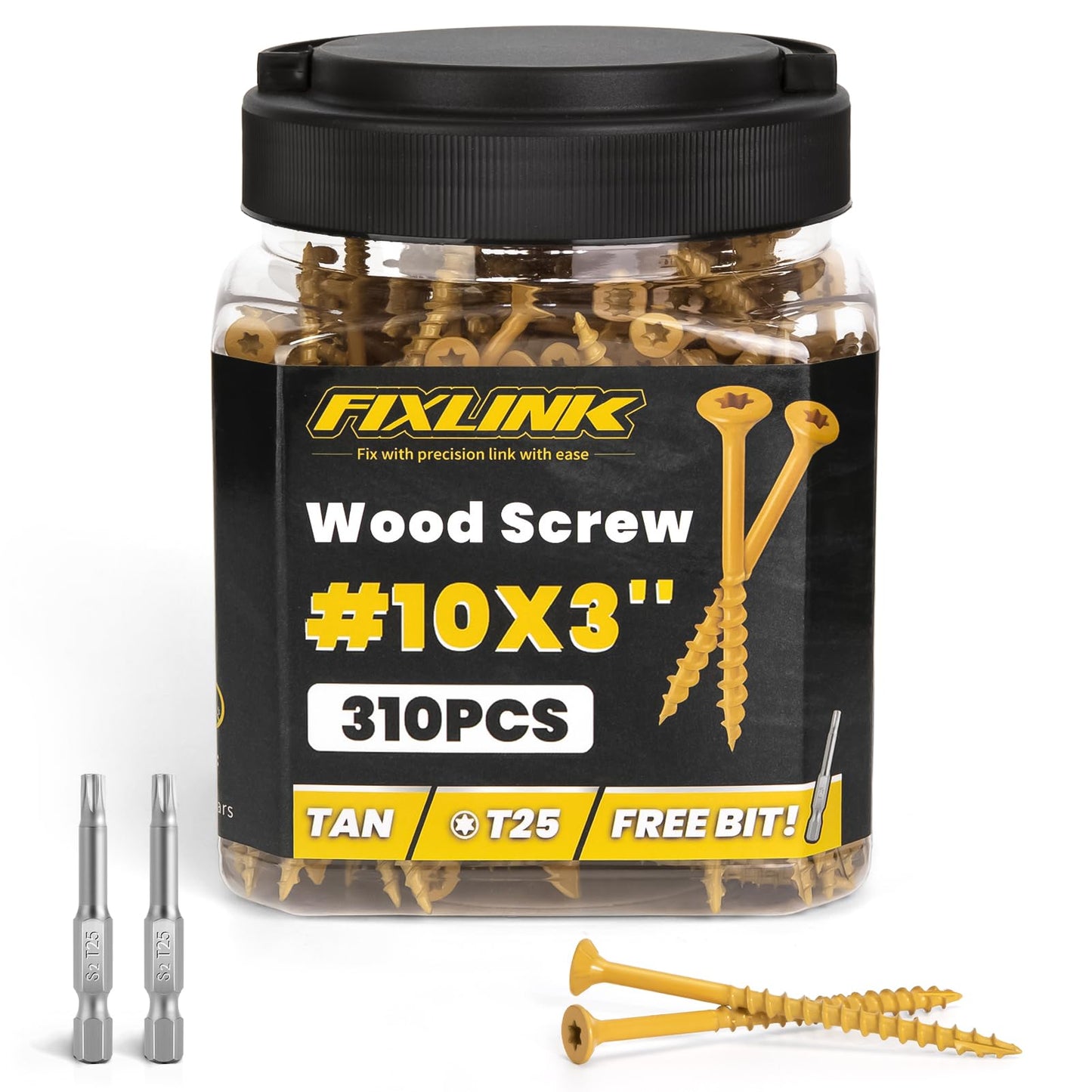 Wood Screws 3 Inch, FIXLINK Deck Screws #10 x 3, 310pcs, Epoxy Coated, T25 Star Bit Above 1500 Hour Salt Spray Coating Outdoor Decking Screws Excellent Rust Resistant for Outdoor Wood Fence