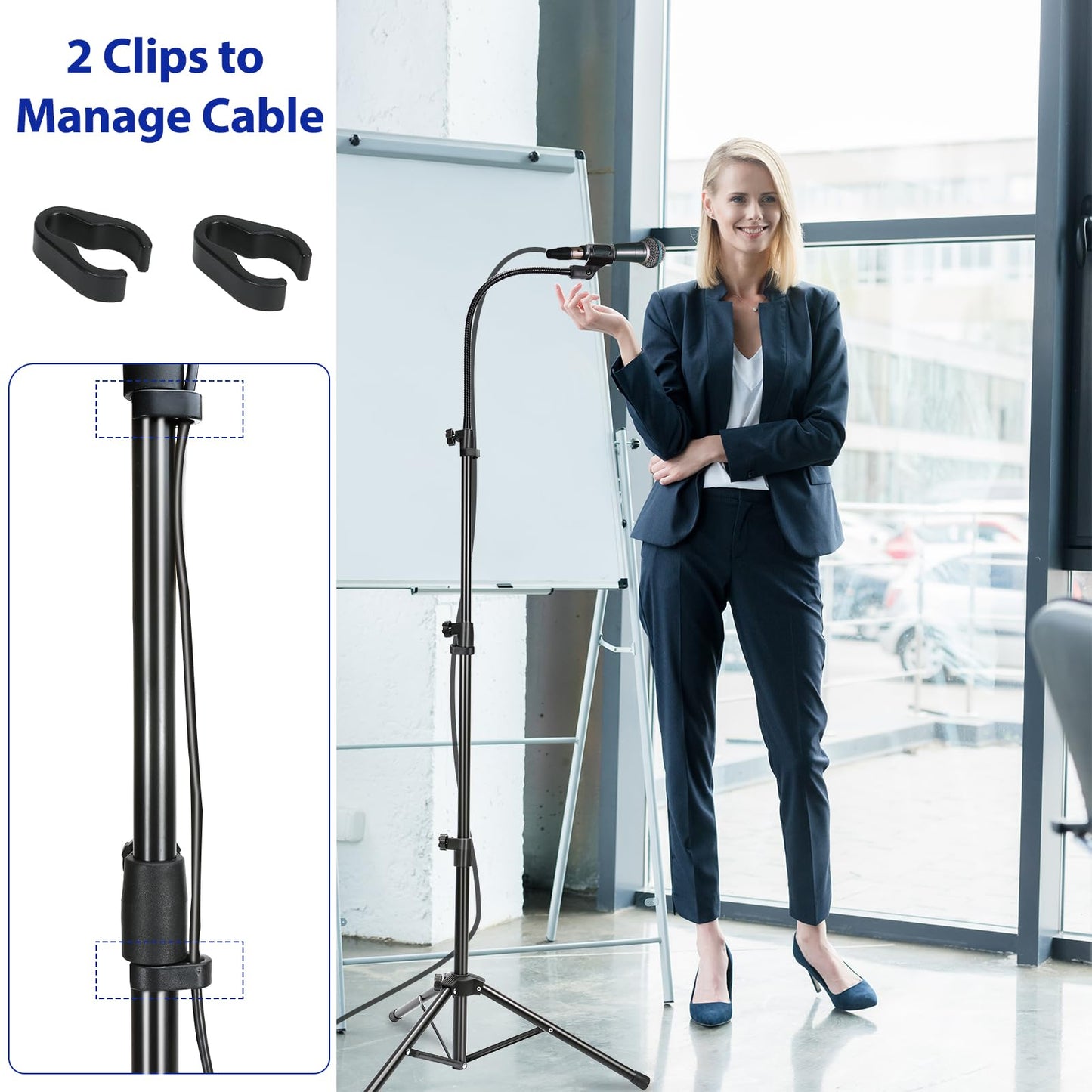 Mic Stand, Boom Microphone Stands Tripod Gooseneck Microphone Stand Height Adjustable from 24" to 67" with 2 Mic Clips for Singing Stage Performance Party Mic Mount