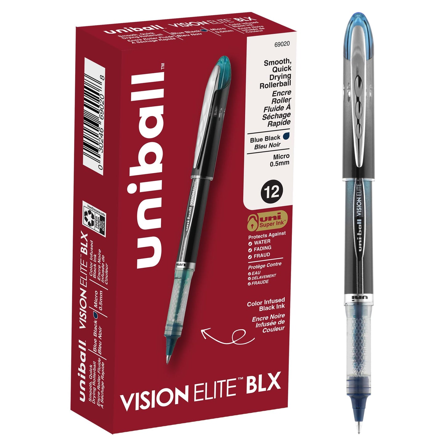 uni-ball VISION ELITE Rollerball, Stick Roller Ball Pen Micro-0.5mm, 12 Pack, Blue/Black Ink (69020)