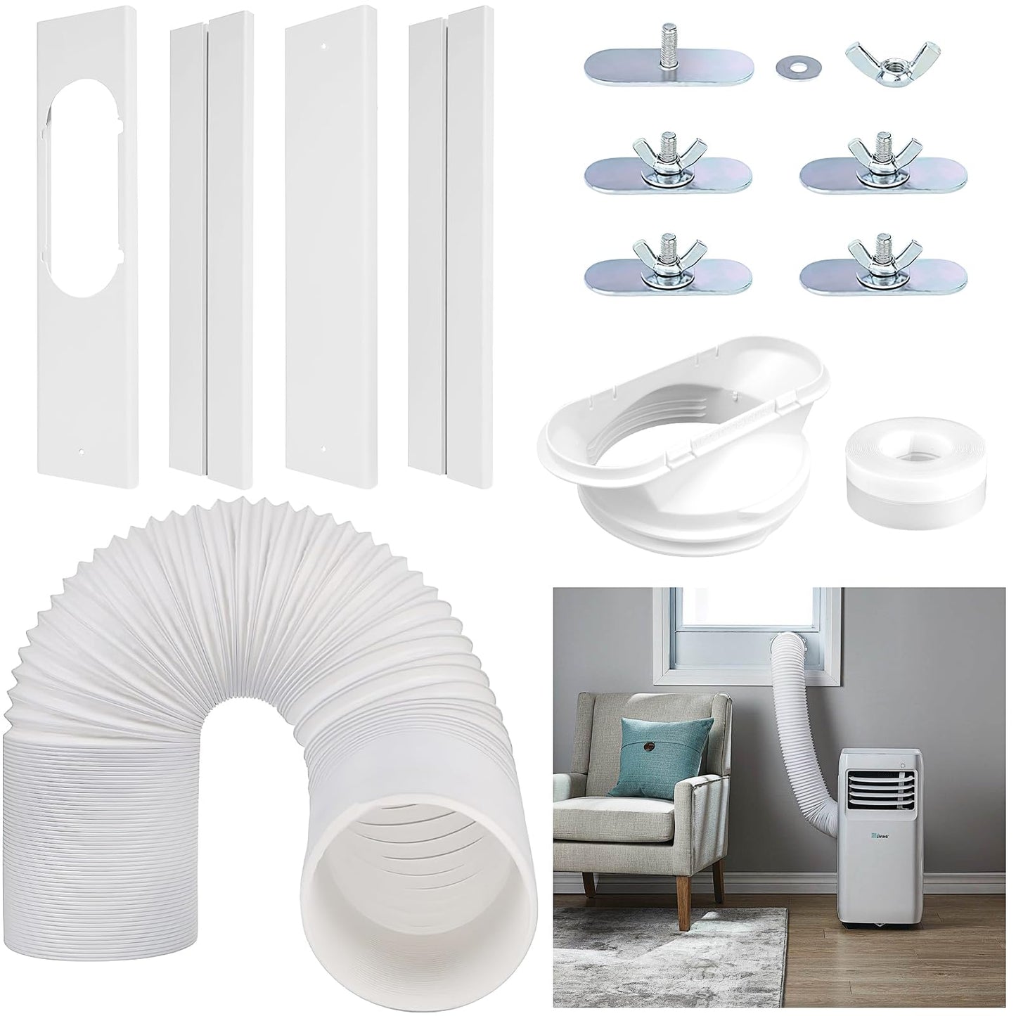 Portable AC Window Vent Kit, 5.9" Exhaust Hose & Universal Coupler & Accessories, Seamless Air Conditioner Replacement Seal Plate, Adjustable Window Seal Kit for Vertical Horizontal Sliding Window