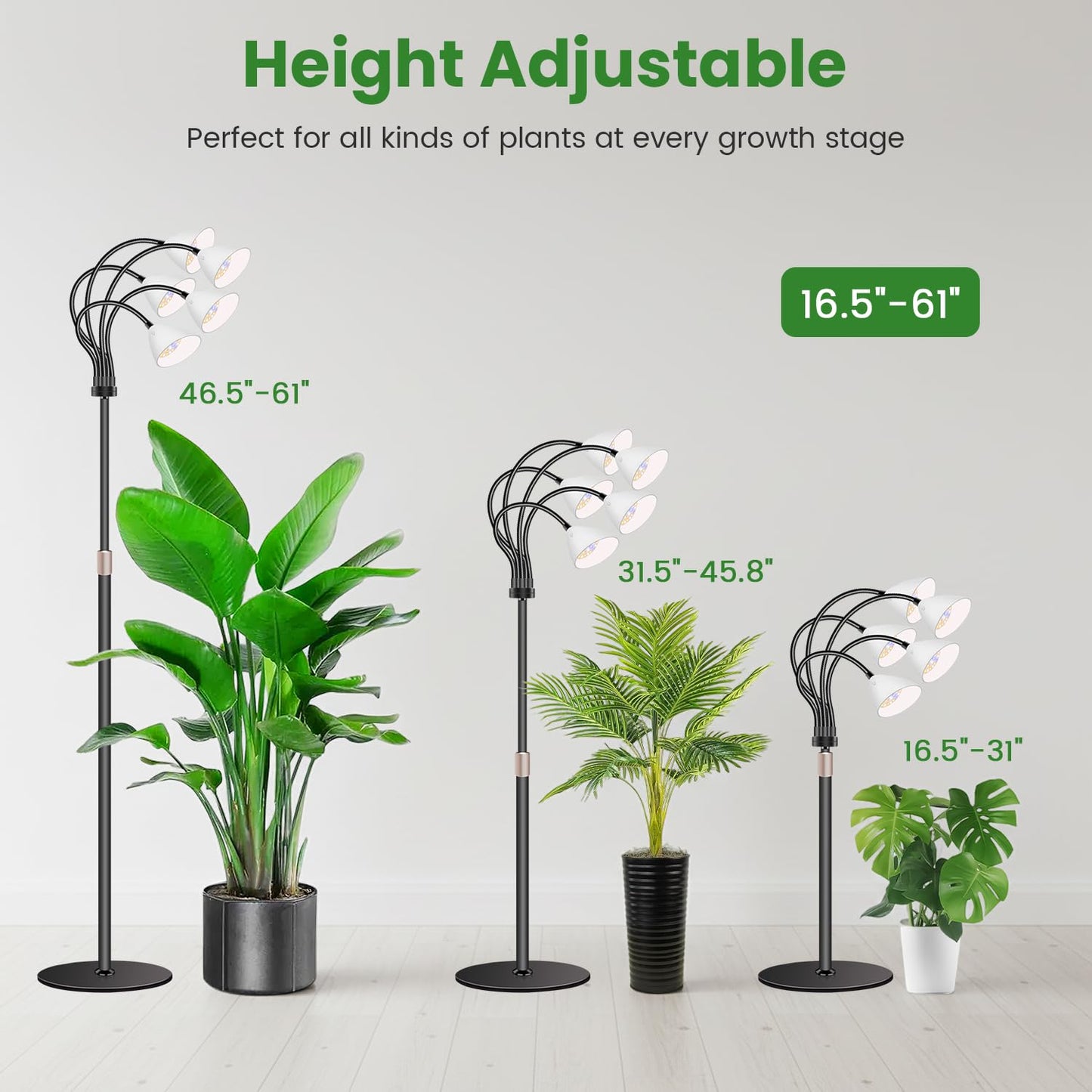 Wolezek Grow Lights for Indoor Plants Full Spectrum with Stand, 5-Head 120 LEDs Floor Plant Grow Lamp for Large Plants, Auto ON/Off Timer 6/12/16H, 5 Dimmable Levels, Adjustable Height 16.5"-61"