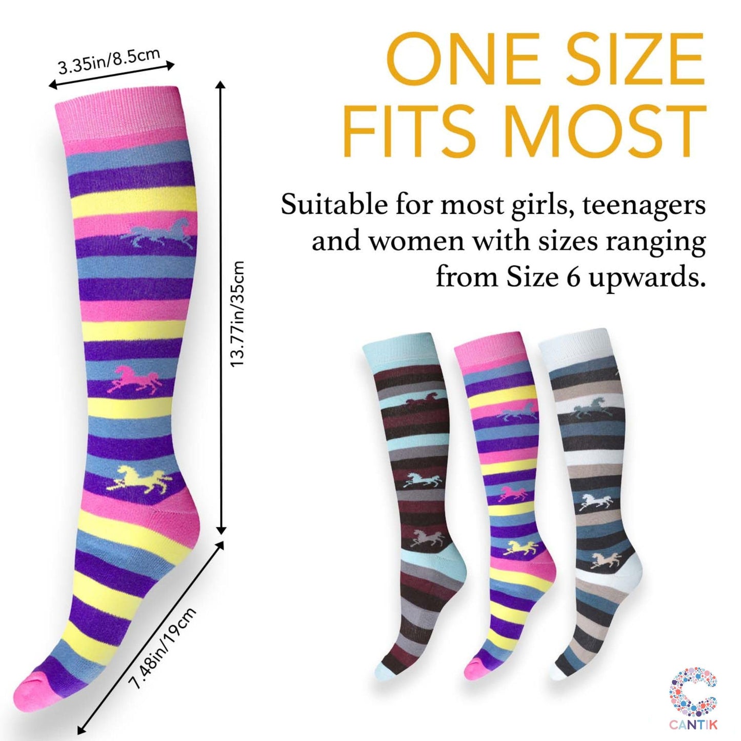 Cantik Horse Socks & Horse Hair Ties - Knee High Equestrian Socks (3 Pairs), Soft & Cotton Rich - Perfect Horse Gift For Girls, Teenagers, & Horse Lovers. Horse Riding Socks & 5 Ouchless No Crease Hair Ties Gift Set Cantik Horse Socks & Horse Hair Ties -