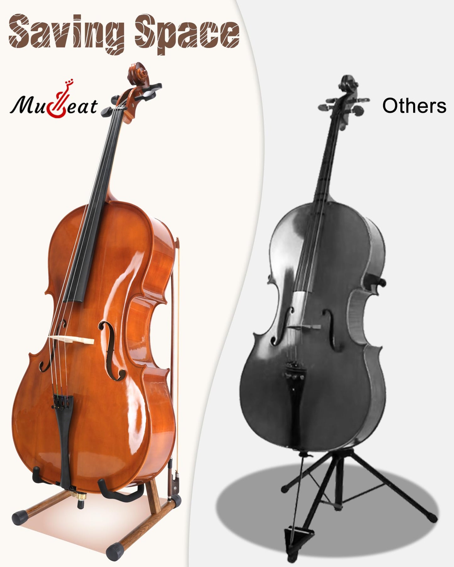 Musbeat Cello Stand, A-Frame Cello Stand with Bow Holder for Cello Display, Handcrafted Wooden Cello Stand with Padded Foam, Zebra Wood Floor Cello Stand for 1/2, 3/4, 7/8, Full-Size Cello, Guitar
