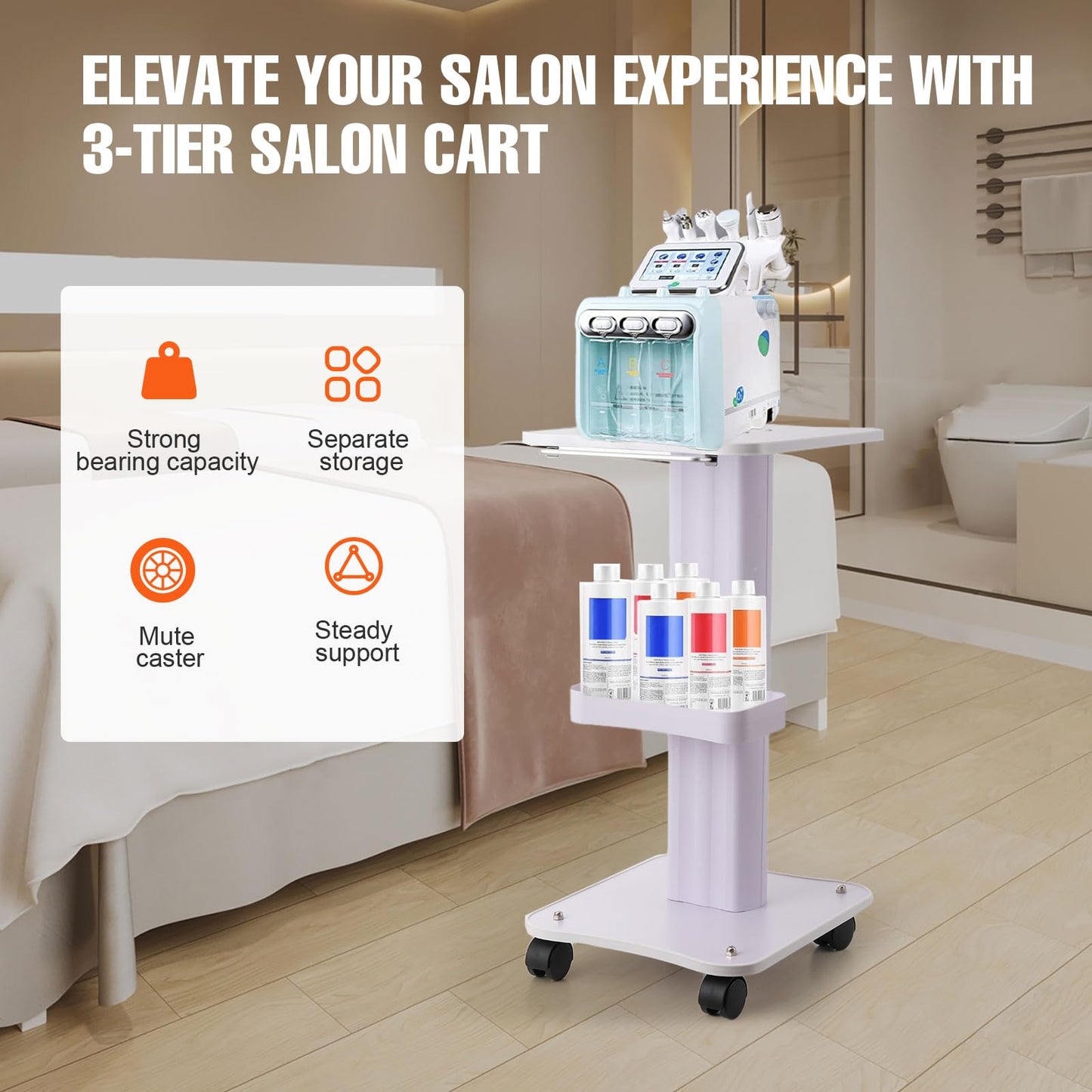 Cozyel Beauty Salon Trolley Cart with Wheels, 3 Tier Beauty Rolling Cart, Adjustable Tattoo Table Work Station, Salon Spa Rolling Trolley Stand