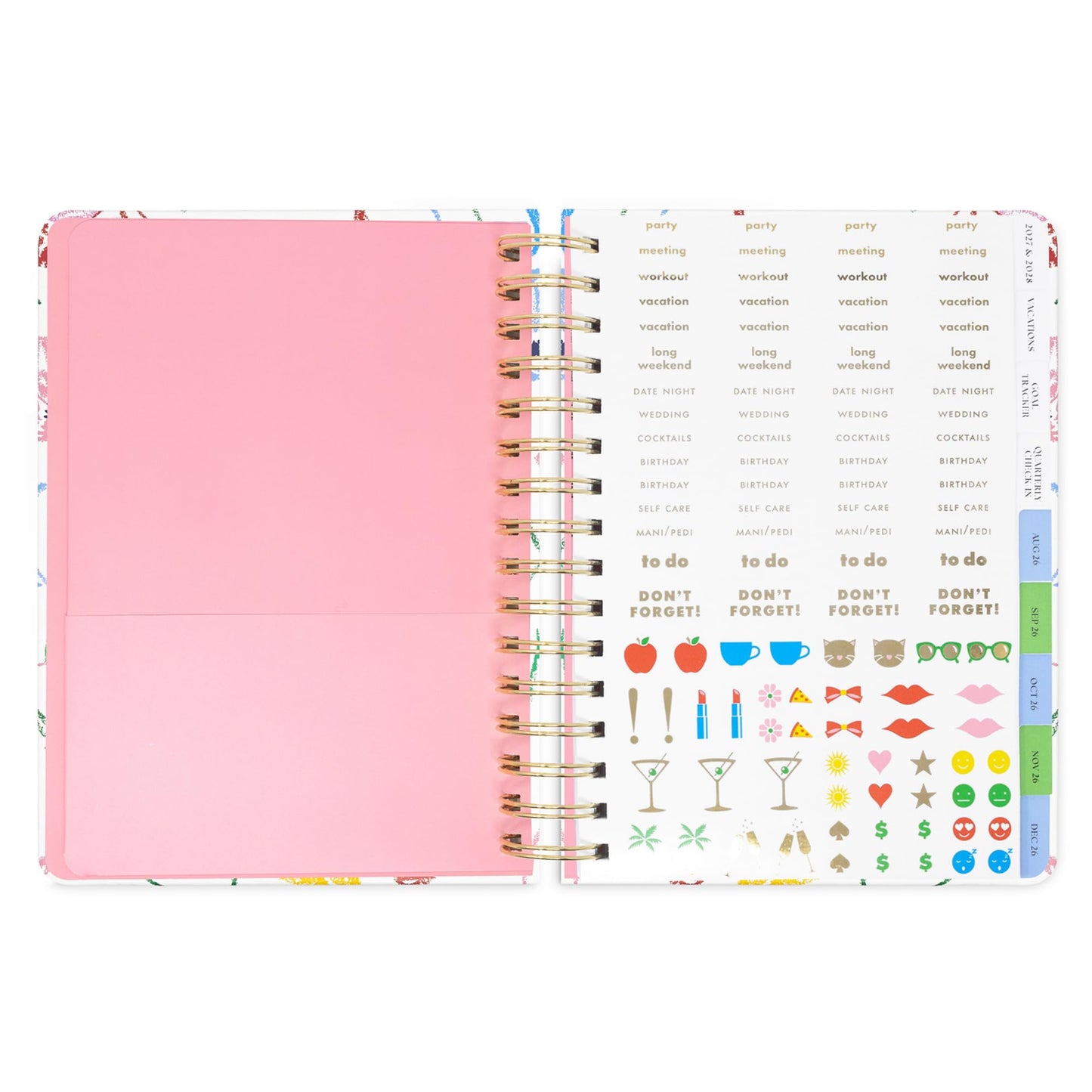 kate spade new york Large Planner 8.5" x 7.25" Spiral Bound Agenda with Monthly & Weekly Layouts, Goal Tracker, Vacation Planner, Stickers, Tabs, Elastic Closure & Pocket August 2026-December 2027