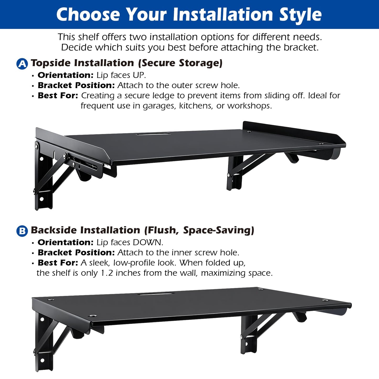 Patioer Folding Metal Floating Shelf, 16.9" x 11" Wall Mount Storage Rack with Lip, Heavy Duty Steel Fold Down Shelf for Garage, Kitchen, Bedroom, Office (2 Pack)