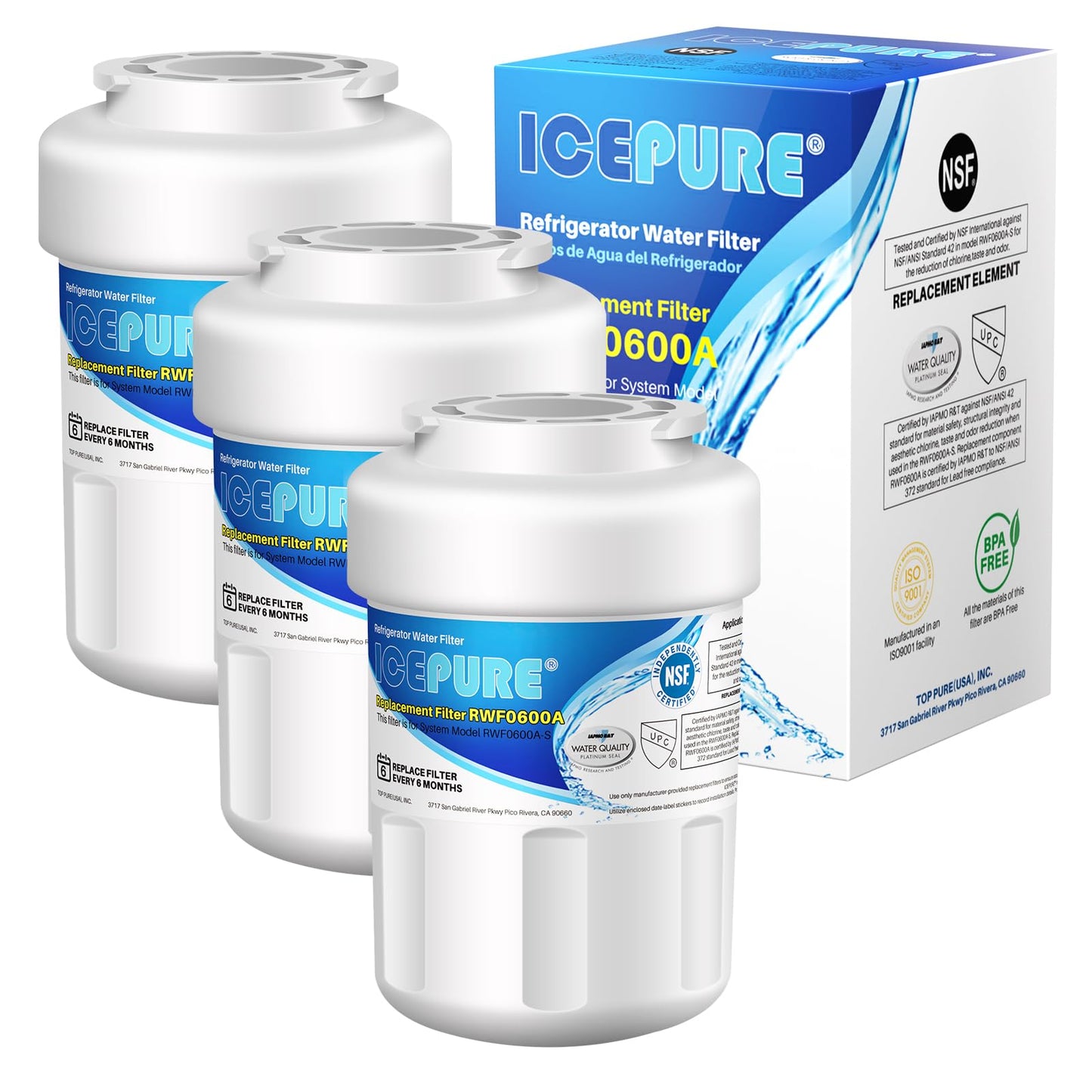 ICEPURE RWF0600A NSF/ANSI 42 Refrigerator Water Filter Compatible for GE MWF, MWFINT, MWFA, HDX FMG-1, GSE25GSHECSS, 46-9991, GSH25JSDDSS, GSHS6LGBBHSS, PC75009, RWF1060,GSHS6HGDBCSS, 3PACK