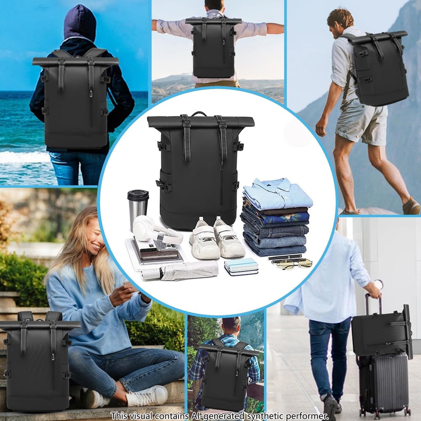 Travel Roll Top Backpack with Shoe Compartment, 17 inch Laptop Compatible, for Business, Hiking, Mountaineering, Large Capacity