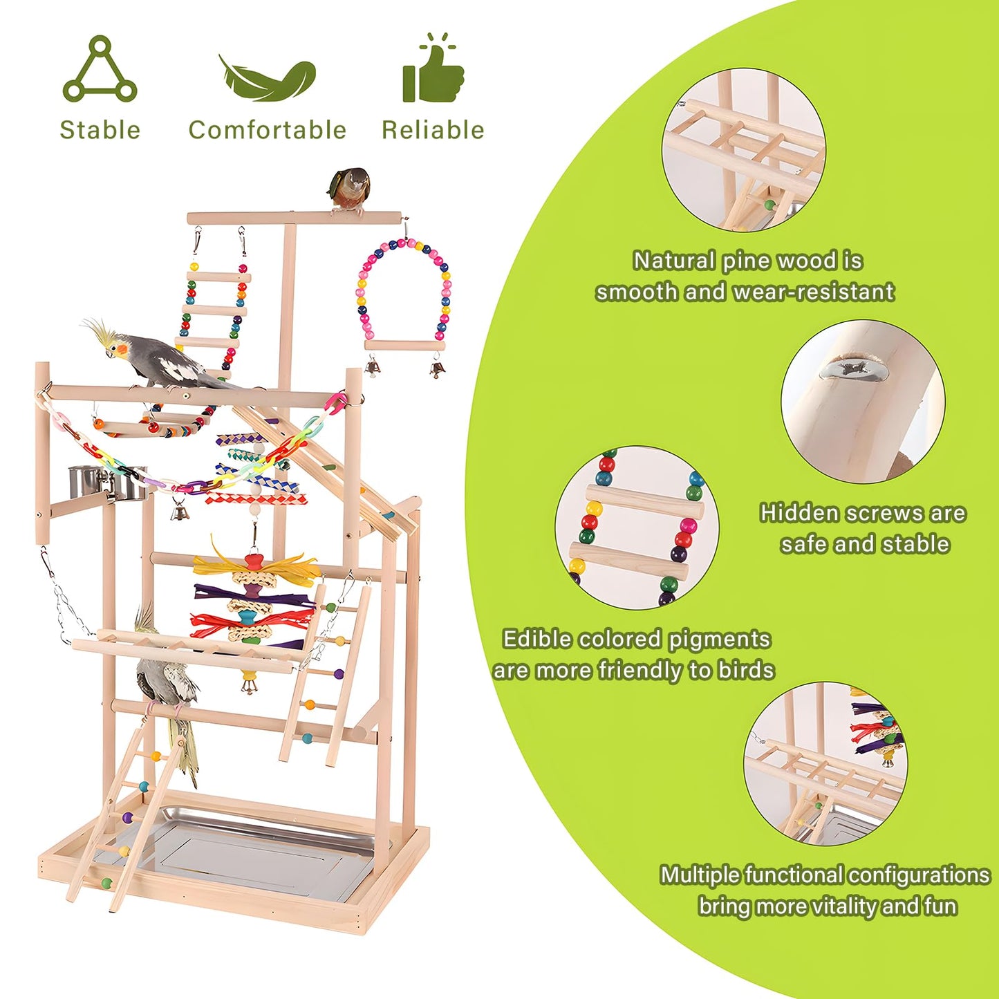 ASDJAKZP Bird Playground, Bird Stand, Pet Bird Parrot Playground, 4 Layers Pet Parrot Playstand with Exercise Toys Swings Feeder Cups, Bird Play Stand Wood Perch Gym Playpen Ladder for Cockatiel Parakeet