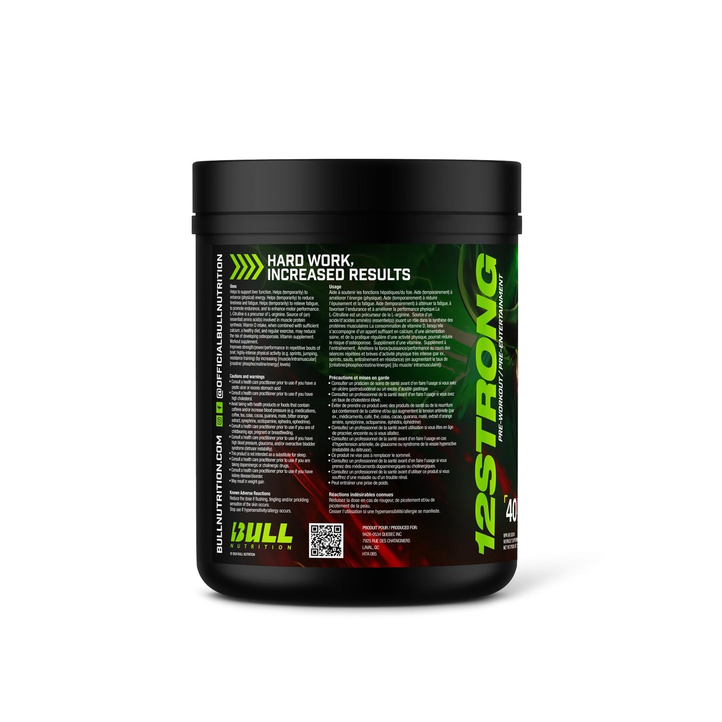 BULL Nutrition 12 STRONG – Pre-Workout Powder with Glycerol, L-Citrulline, Beta- Alanine, and Creatine Supplements for Muscle Growth and Increased Endurance, Strength, Focus, and Energy Output – Made in Canada – 40 Servings, 730 grams (730g, Rocket Pop)