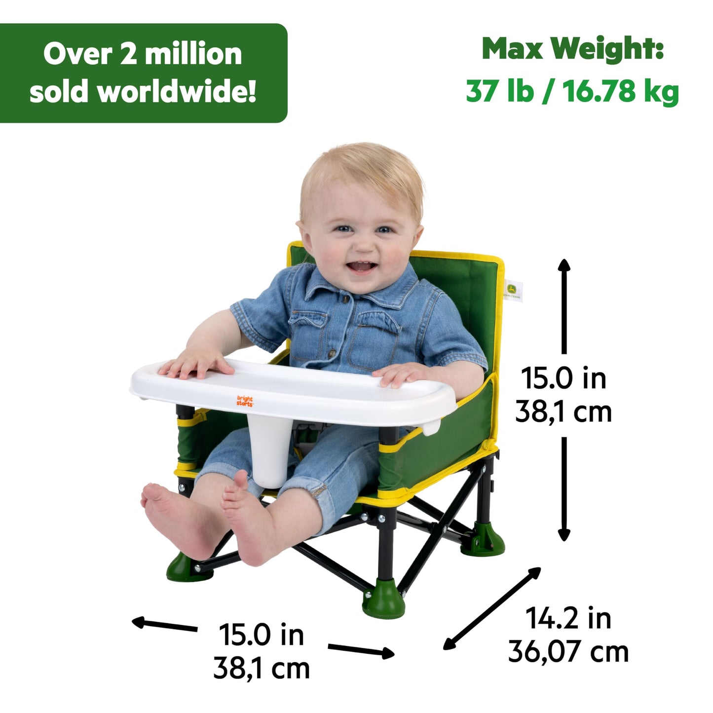 Bright Starts John Deere Pop 'N Sit Portable Booster Chair, Floor Seat, Indoor/Outdoor Use, Compact Fold, Green and Yellow, 6 Mos - 3 Yrs