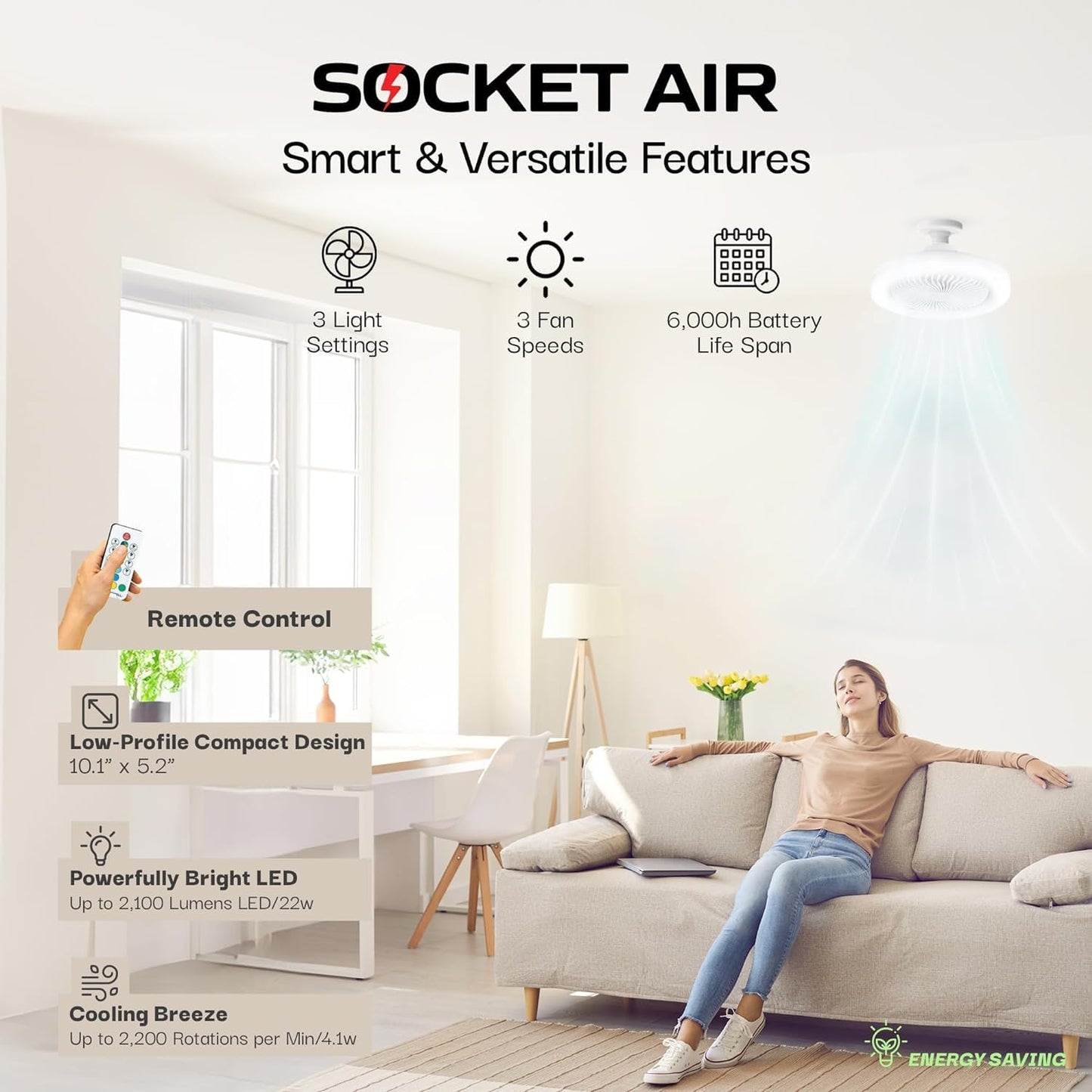 Bell+Howell Socket Air Socket Fan Light – Wireless Ceiling Fan with Lights and Remote, Ventilateur Plafond Avec Lumiere, Ceiling Fans with RGB Lights, 3 Fan Speeds & 3 Brightness Levels As Seen on TV