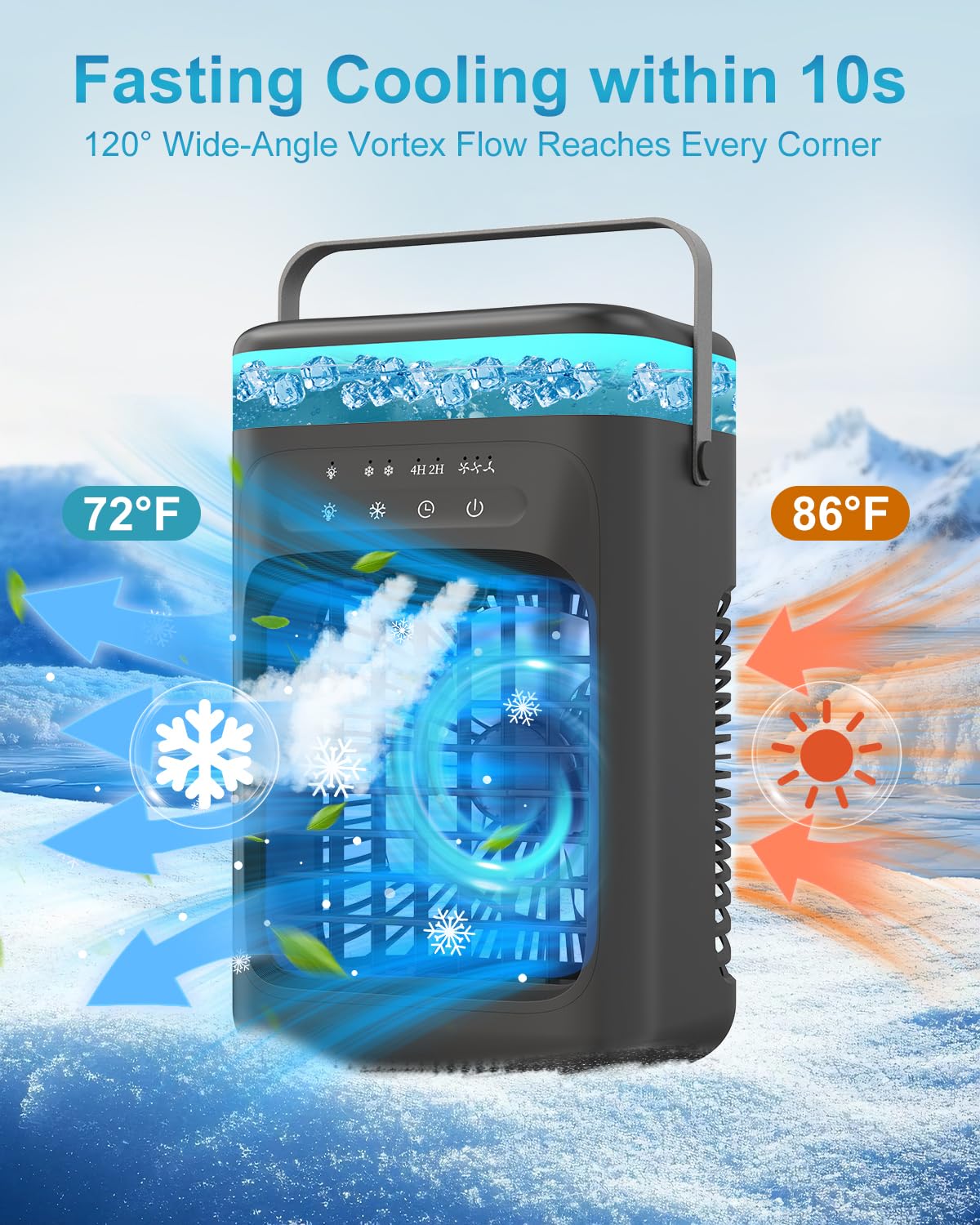 Portable Air Conditioner, 4-in-1 Evaporative Air Cooler, Personal Cooling Fan with 3 Speeds, 2 Mist Modes, 7 LED Night Light, 2-4H Timer