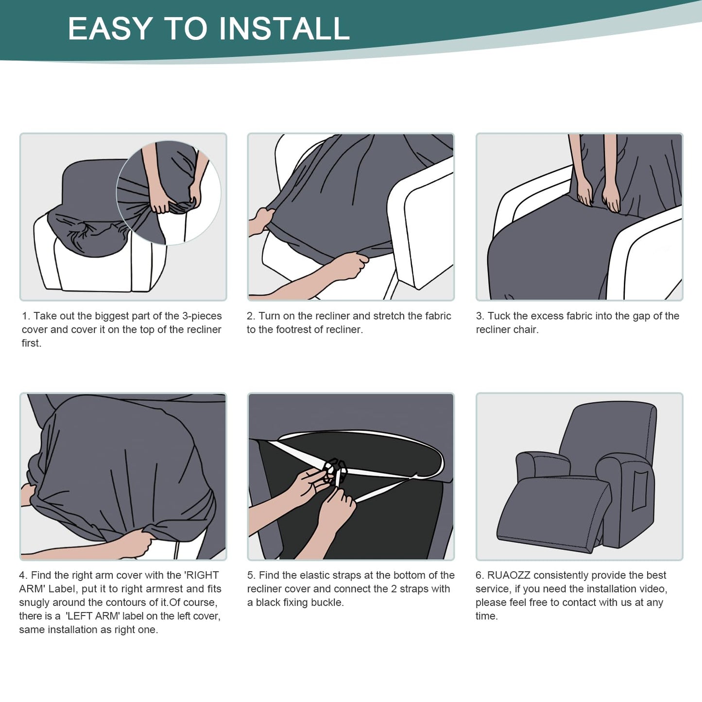 Ruaozz Recliner Sofa Covers Recliner Chair Covers Recliner Covers for Reclining Chair with Pockets Washable Furniture Protector with Elastic Bottom (1 Seater, Grey)