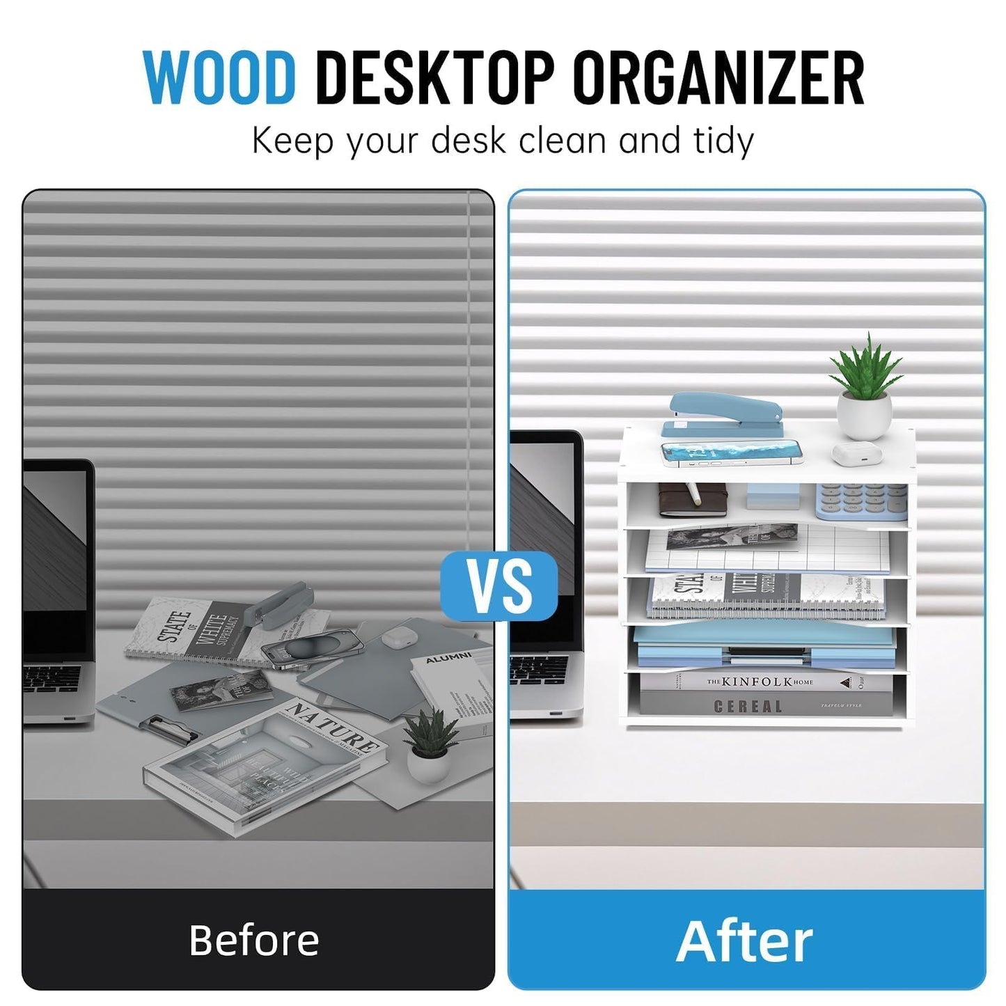 SHARKWOODS 5-Tier Wood Desk Organizer, Paper Sorter for Desktop with Adjustable Storage Shelves, Desktop Mail Holder for Office Home Classroom, White