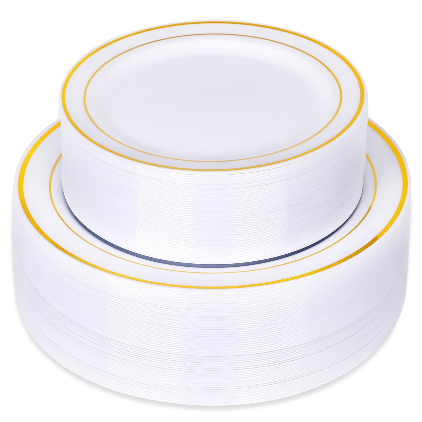 100 Pieces Gold Plastic Plates, Disposable Party Plates White Gold Rim, 50 Heavy Duty Dinner 10.25 Inch Plates and 50 Disposable Dessert Appetizer Elegant Fancy Wedding 7.5 Inch Plates
