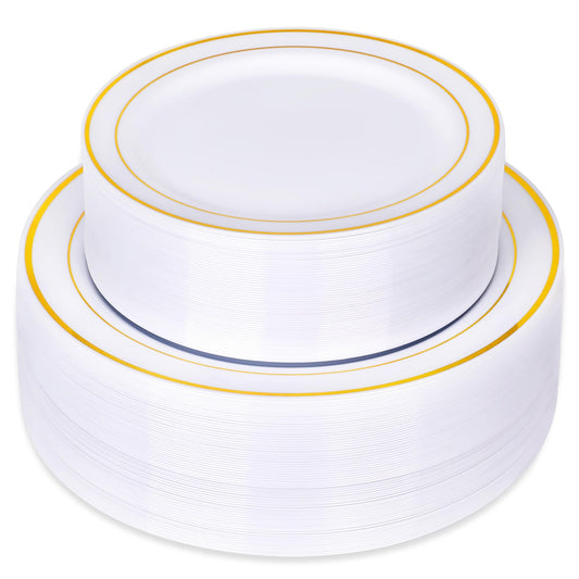 100 Pieces Gold Plastic Plates, Disposable Party Plates White Gold Rim, 50 Heavy Duty Dinner 10.25 Inch Plates and 50 Disposable Dessert Appetizer Elegant Fancy Wedding 7.5 Inch Plates