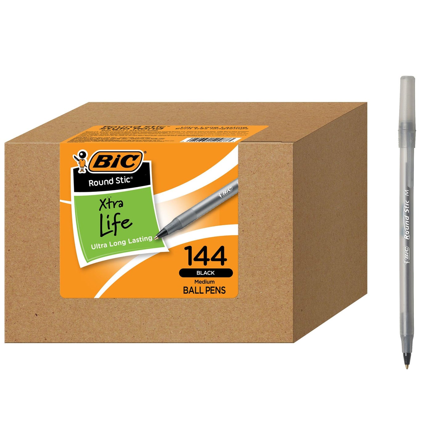 BIC Round Stic Xtra Life Black Ballpoint Pens, Medium Point Pens (1.0mm), 144-Count Pack of Bulk Pens, Flexible Round Barrel for Writing Comfort, No. 1 Selling Ballpoint Pens