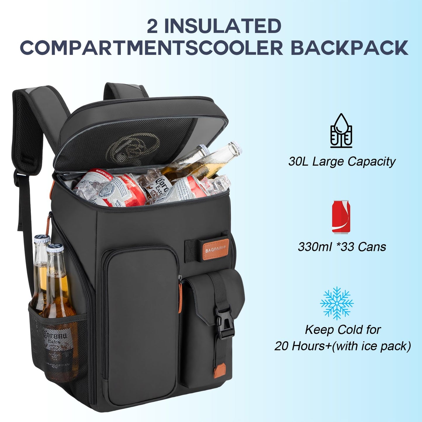 Insulated Cooler Backpack,33 Cans Multifunctional Double Deck Leakproof Cooler Bag with Sternum Strap,Large Capacity Lightweight Travel Camping Beach Backpack Cooler Ice Chest for Men Women