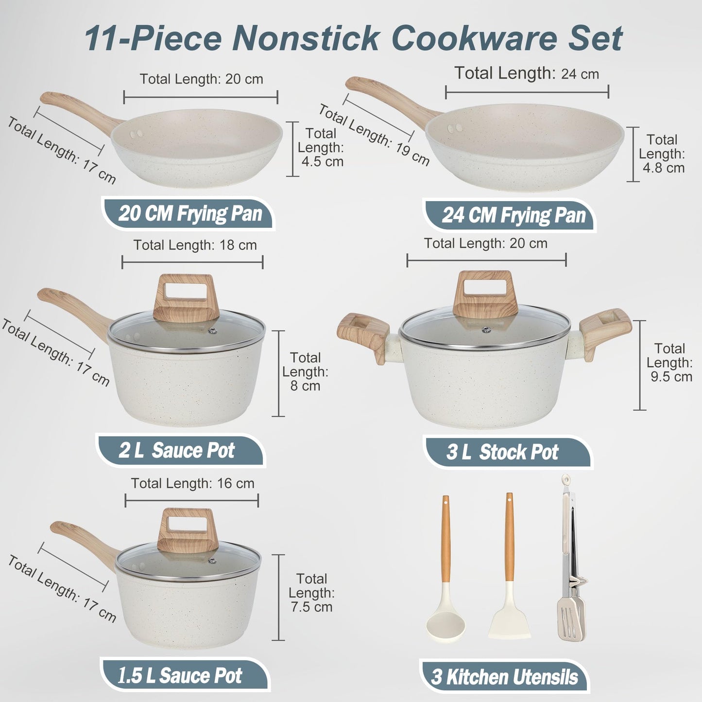 SHEUMNT 11Pcs Pots and Pans Set, Nonstick Cookware Sets, White Granite Induction Cookware Non Stick Cooking Set w/Frying Pans & Saucepans