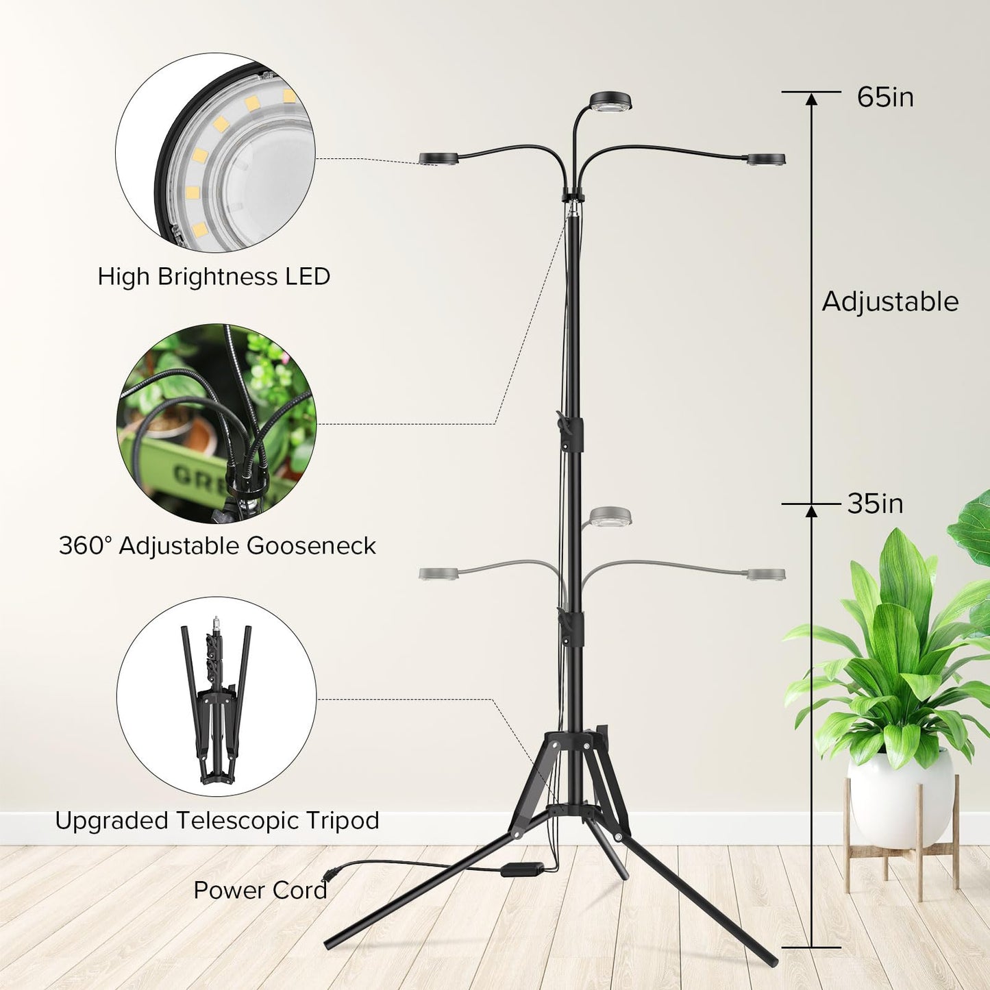 SANSI Grow Lights for Indoor Plants, 500W Equivalent Full Spectrum 3 Head Plant Lights for Indoor Growing, Energy Efficient 30W Dimmable Grow Light 35"-65" Adjustable Tripod Stand Auto On/Off Timer