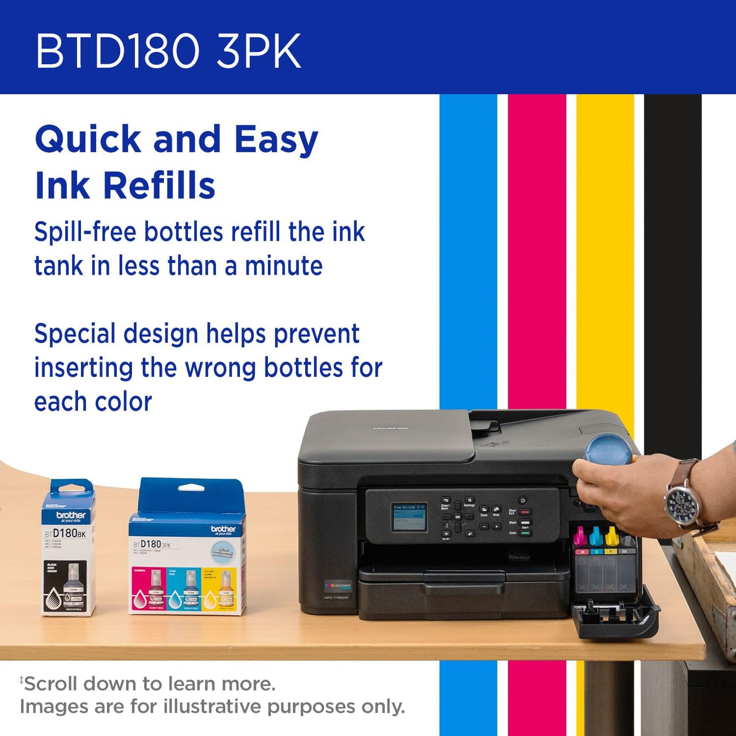 Brother Genuine BTD1803PKS High Yield Cyan, Magenta, Yellow Refill Ink Bottles Value Pack for Brother Super Tank Printer MFC-T580DW, MFC-T780DW, MFC-T980DW