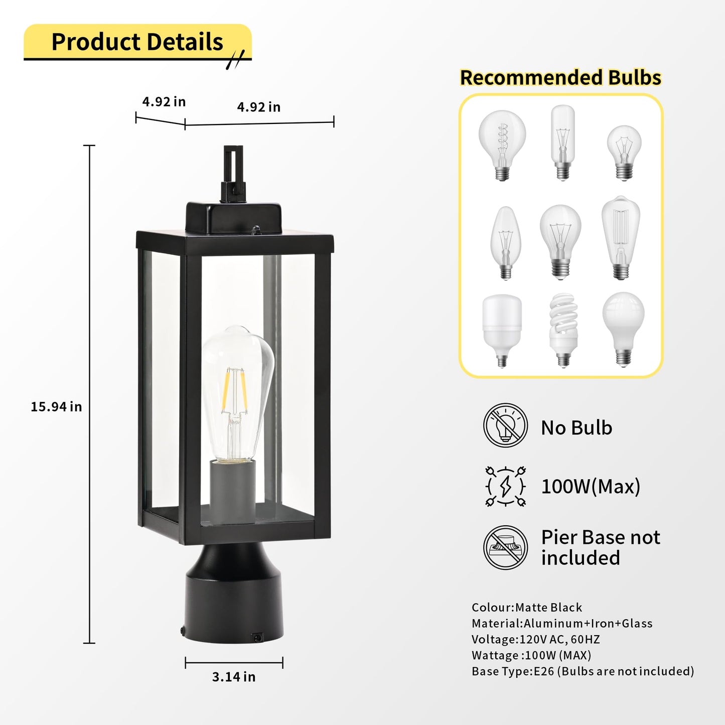 Outdoor Post Light Anti-Rust Lamp Post Lights Fixture Waterproof Exterior Lighting Lamp Post Outdoor Pole Light for Yard Pathway Driveway Fence