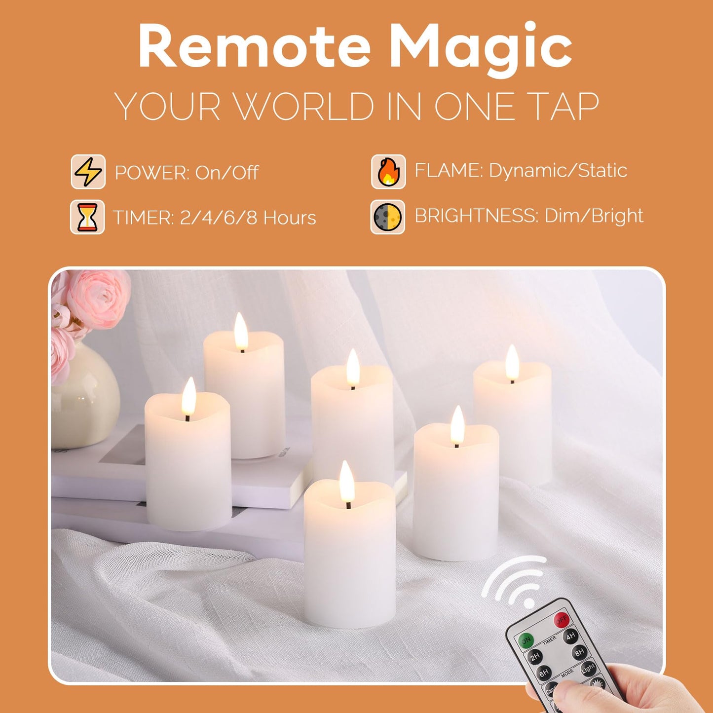 Eywamage White Flameless Votive Candles with Remote Batteries, Small Halloween LED Pillar Candles Flickering Set of 6