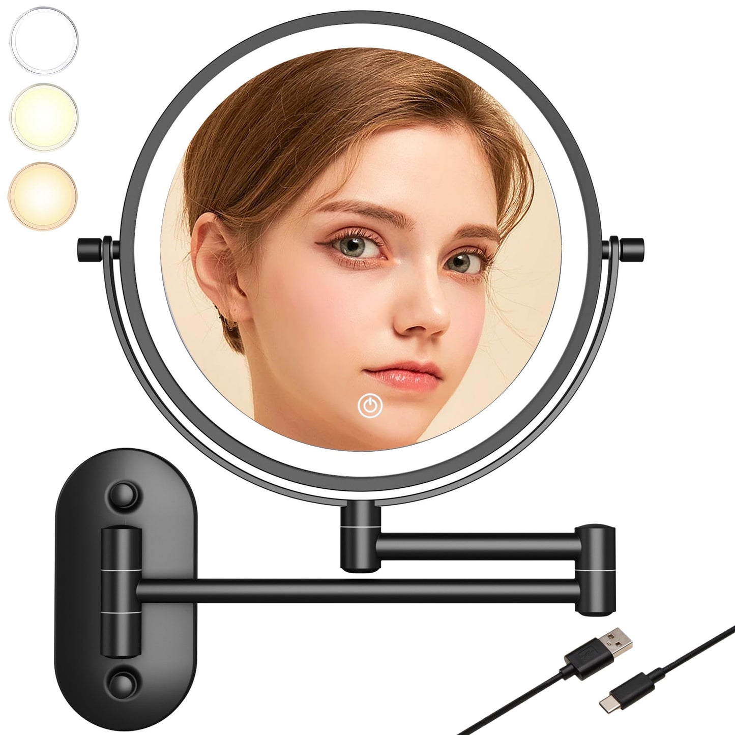 TUSHENGTU 8“Wall Mounted Makeup Mirror with Light 10x Magnifying for Vanity, Bathroom, and Shaving - USB Rechargeable,Adjustable Brightness and Color Temperature (Black-10X)