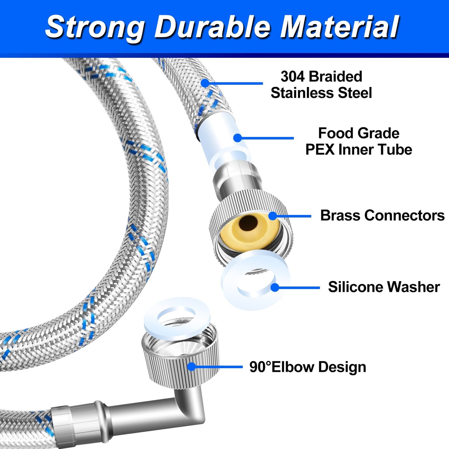 SPUREST Washing Machine Hoses (10 FT, 2Pack) - Food grade PEX Inner Tube, Stainless Steel Braided Wire, 90 Degree Elbow, Hot & Cold Water Supply Line