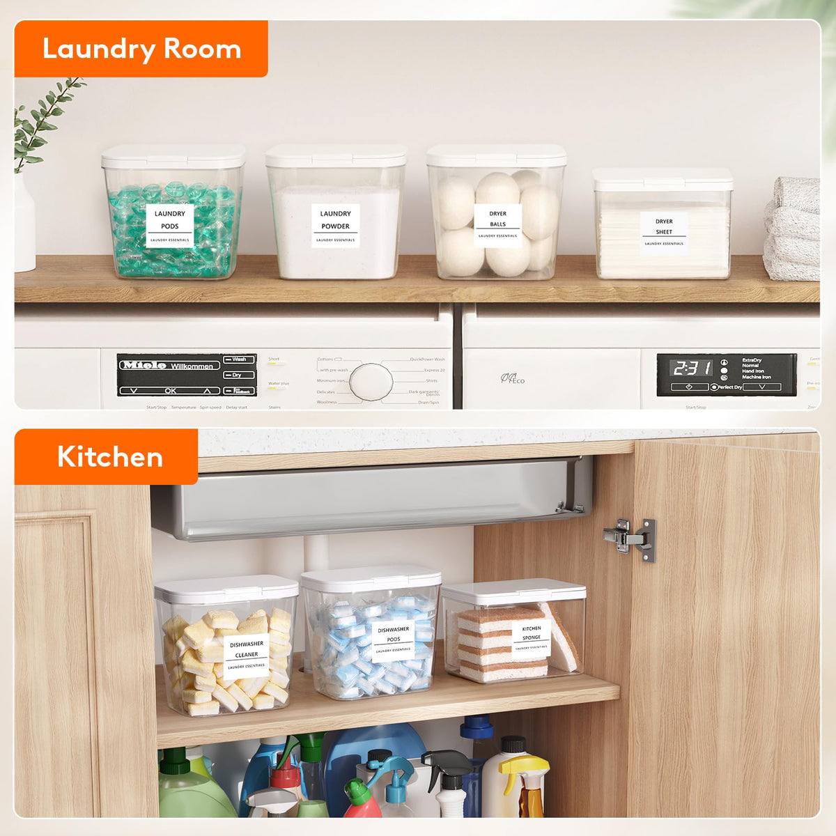 Lifewit 3 Pack Laundry Pods container & Dryer Sheet Holder Sets, Laundry Powder Container with press-to-open Lid, Laundry Room Organization and Storage for Bead, Scent Booster with Labels and Spoons