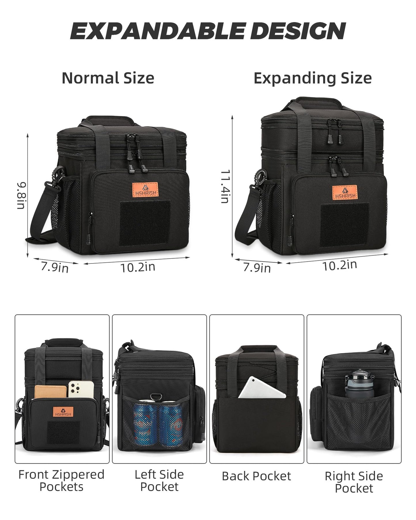 Double Deck Large Tactical Lunch Bag for Adults, Leakproof Insulated Lunch Bag with Shoulder Strap, Lunch Cooler Box for Men Work Outdoor Picnic Trips,Black