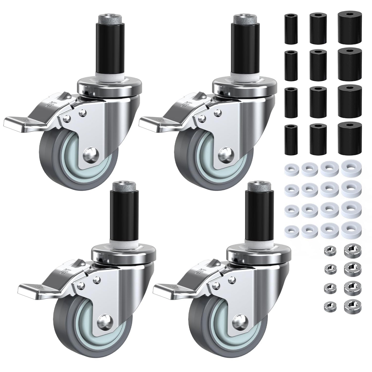 HOLKIE Caster Wheels Locking 3 Inch Expanding Stem Casters, Threaded Swivel Casters Set of 4 Heavy Duty Castors, Fit 1", 1-1/4", 1-2/5", 1-1/2",1-5/8" ID Stainless Steel Table, Cart, Furniture Legs