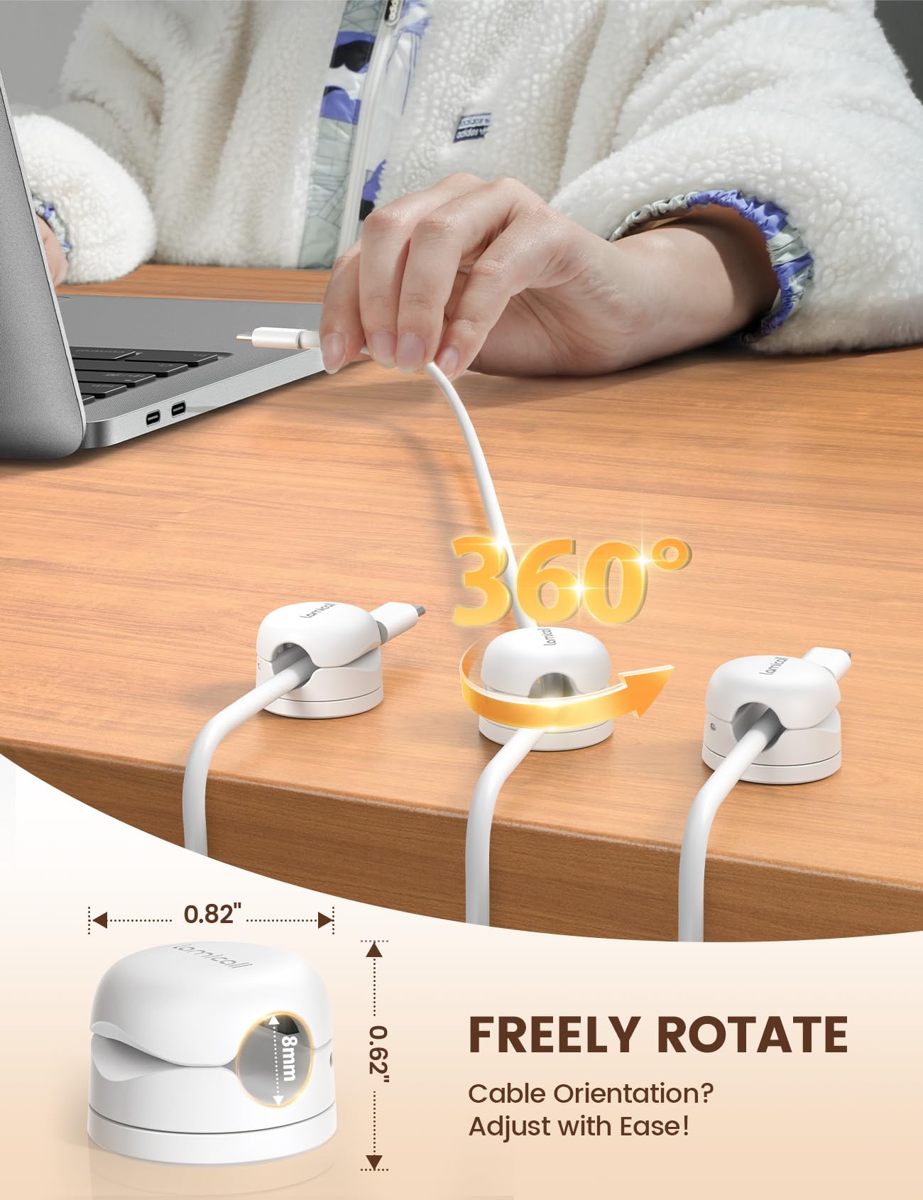 Lamicall 12 pcs Rotatable Cable Spring Organizer Clips Holder Cable Management, White, Mom Gift